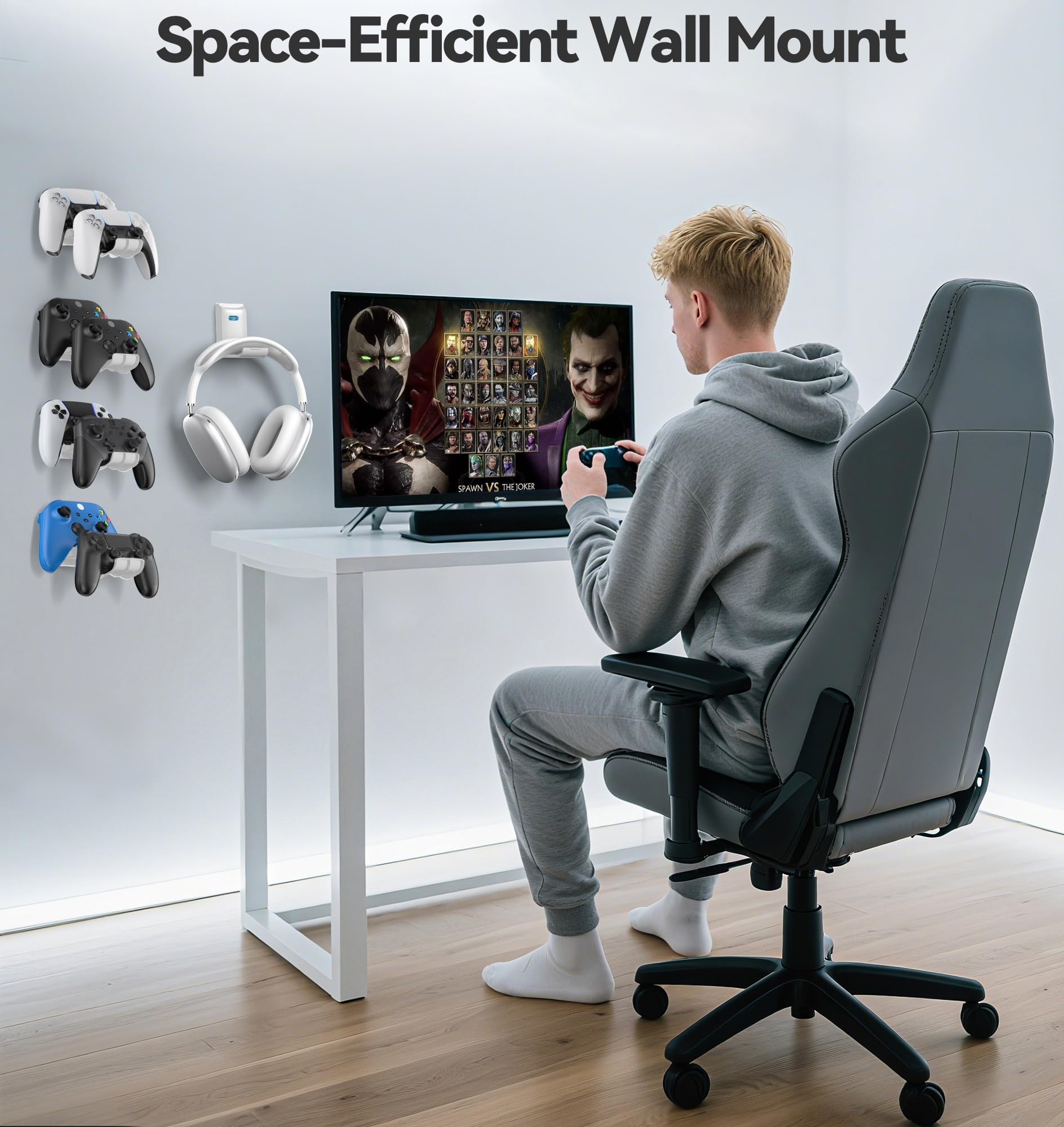 Soporte para Auriculares y Mando, Soporte Universal de Pared para Mandos Xbox/PS5/PS4/Nintendo Switch, Plegable Soporte 4 Mando y Cascos pared, Organiza Accesorios Gaming, Blanco, 2 Piezas