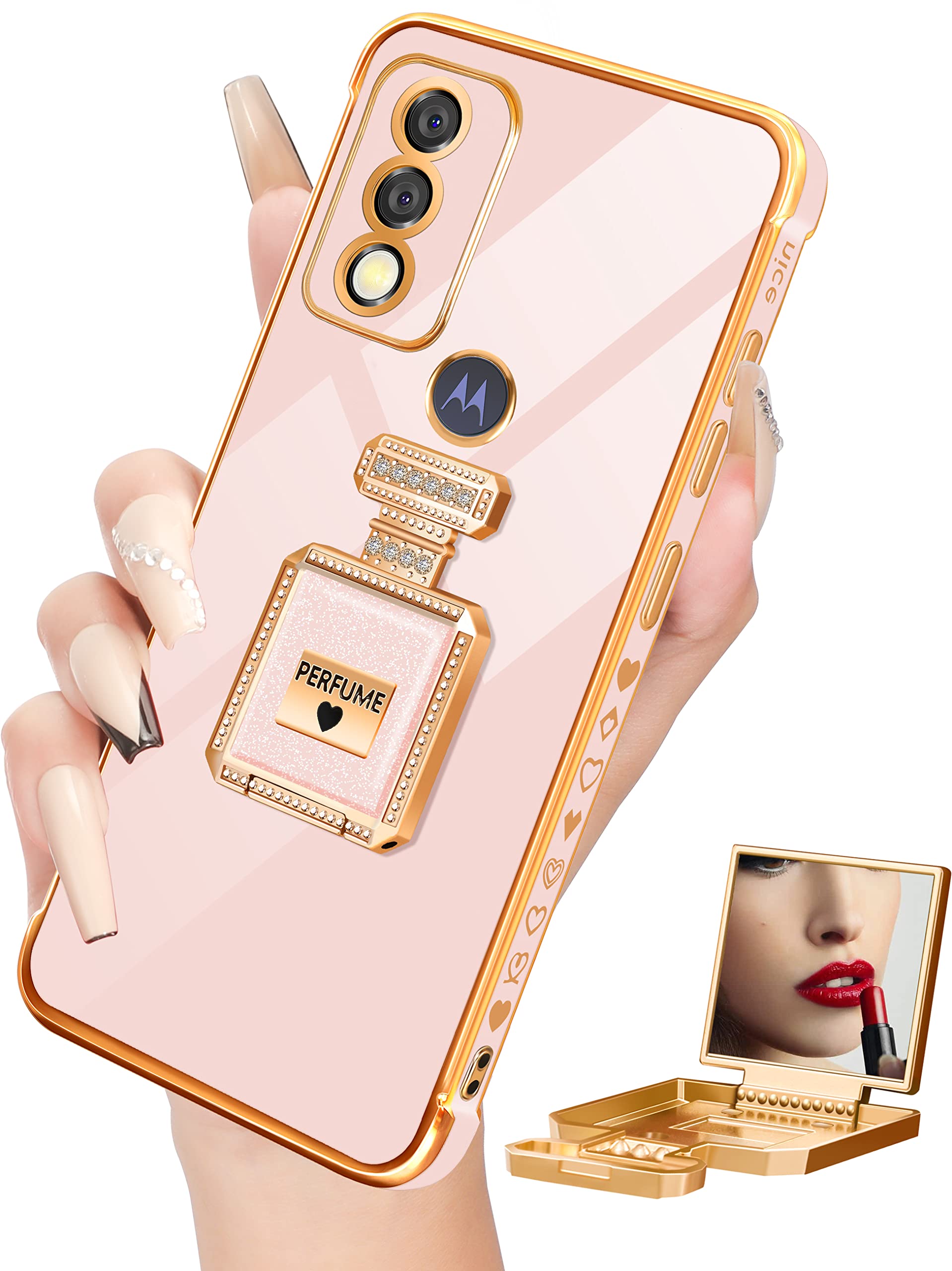 Buleens for Moto G Pure Phone Case with Metal Perfume Bottle Mirror Stand, Cute Women Girly Heart Cases for Motorola Moto G Pure Phone Case, Elegant Luxury Phone Cover for G Pure Case 6.5''