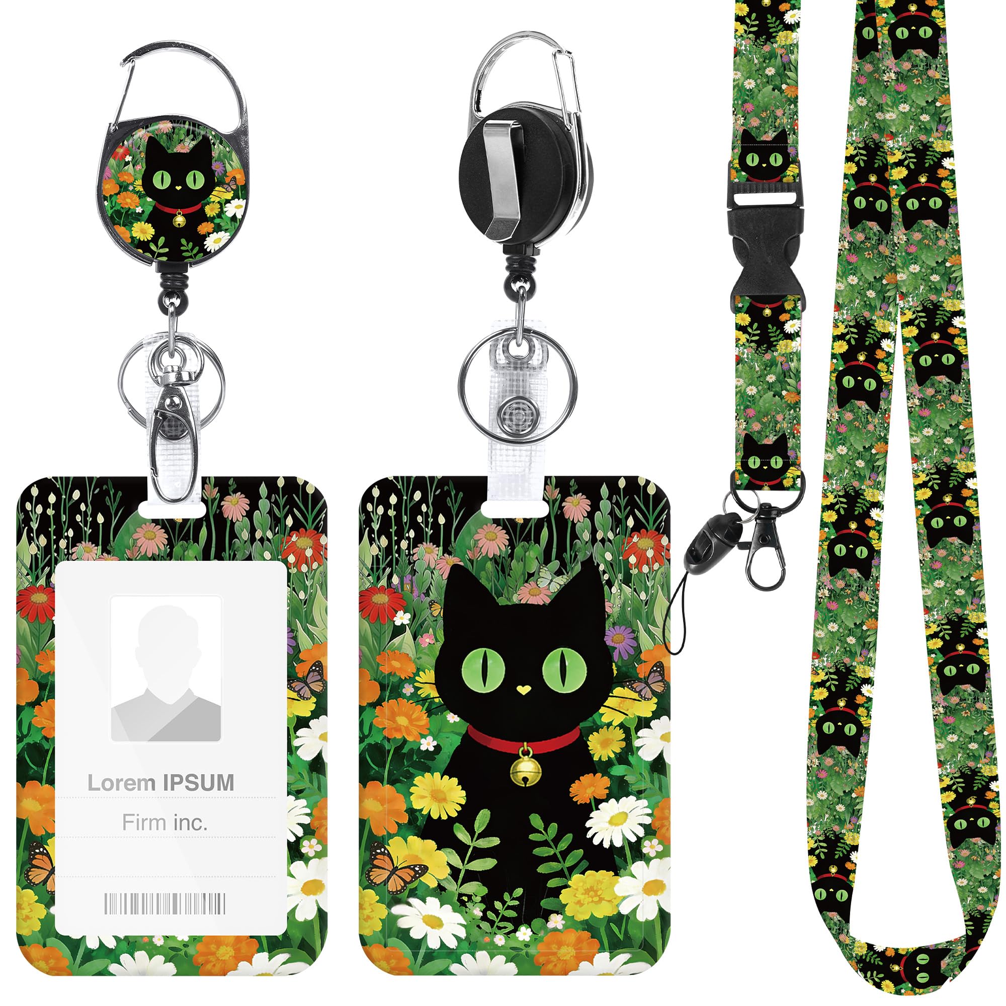 Black Cat Floral Lanyard with ID Badge Holder and Retractable Badge Reel — image 1
