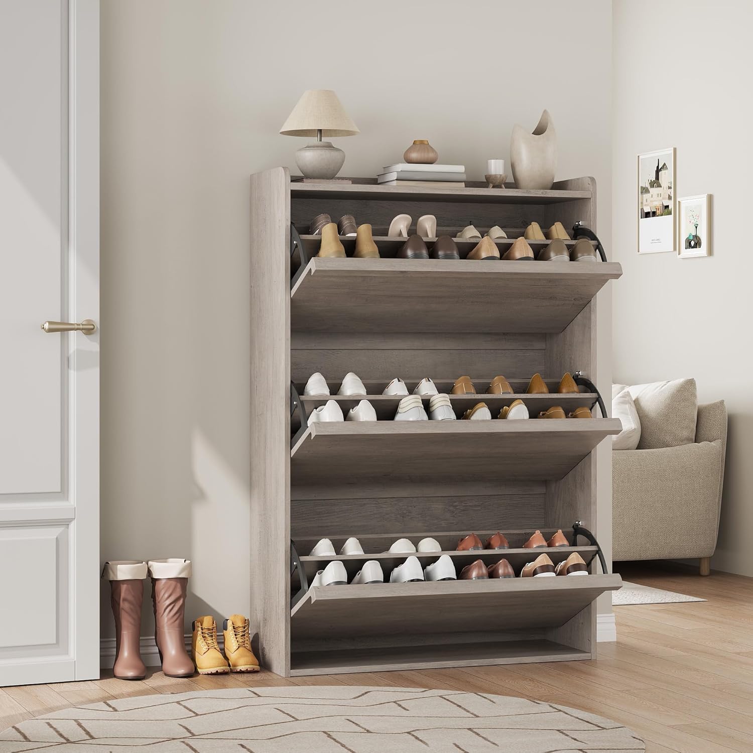 4-Tier Wood Shoe Cabinet, Entryway Storage Organizer with Ventilated Door, Modern Minimalist Hallway Cabinet, Multiple Color Options