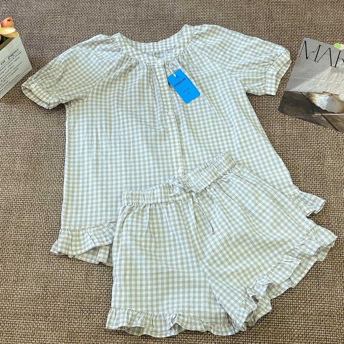 codcm Womens 2 Piece Ruffle Pajama Set Gingham Pjs Short Sleeve Babydoll Shirt and Shorts Plaid Summer Outfits