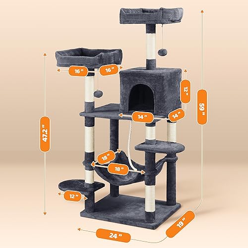 Miniatura 8 de YAHEETECH Lujoso árbol para gatos de 59 pulgadas con postes rascadores para gatos, centro de actividades grande para escaladores con condominio y