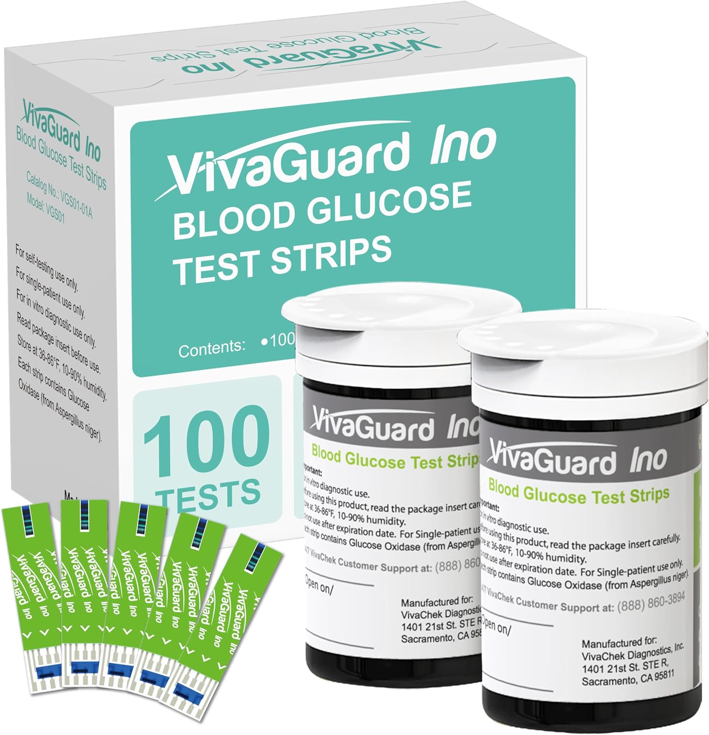 VivaGuard Ino Blood Glucose Test Strips, Blood Sugar Test Strips for Diabetes, 100 Count per Box, Only for VivaGuard Ino Series Blood Glucose Meter (VGM26 VGM01 VGM04).