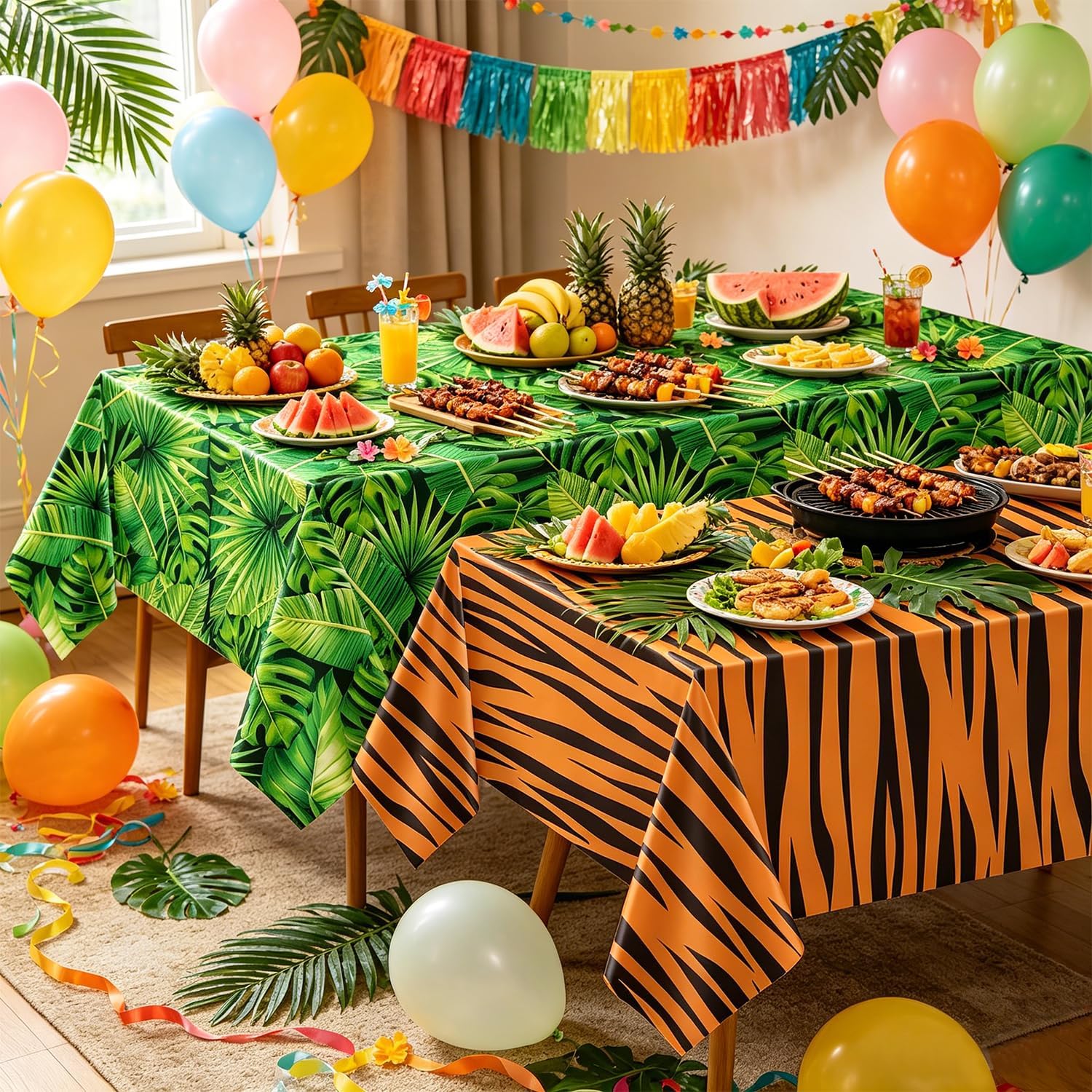 4 Pack Animal Safari Tablecloth Jungle Animal Theme Table Cover Tiger Zebra Leopard Print Table Cover Tropical Palm Leaf Tablecloth Jungle Zoo Theme Table Cloth 51" x 86"