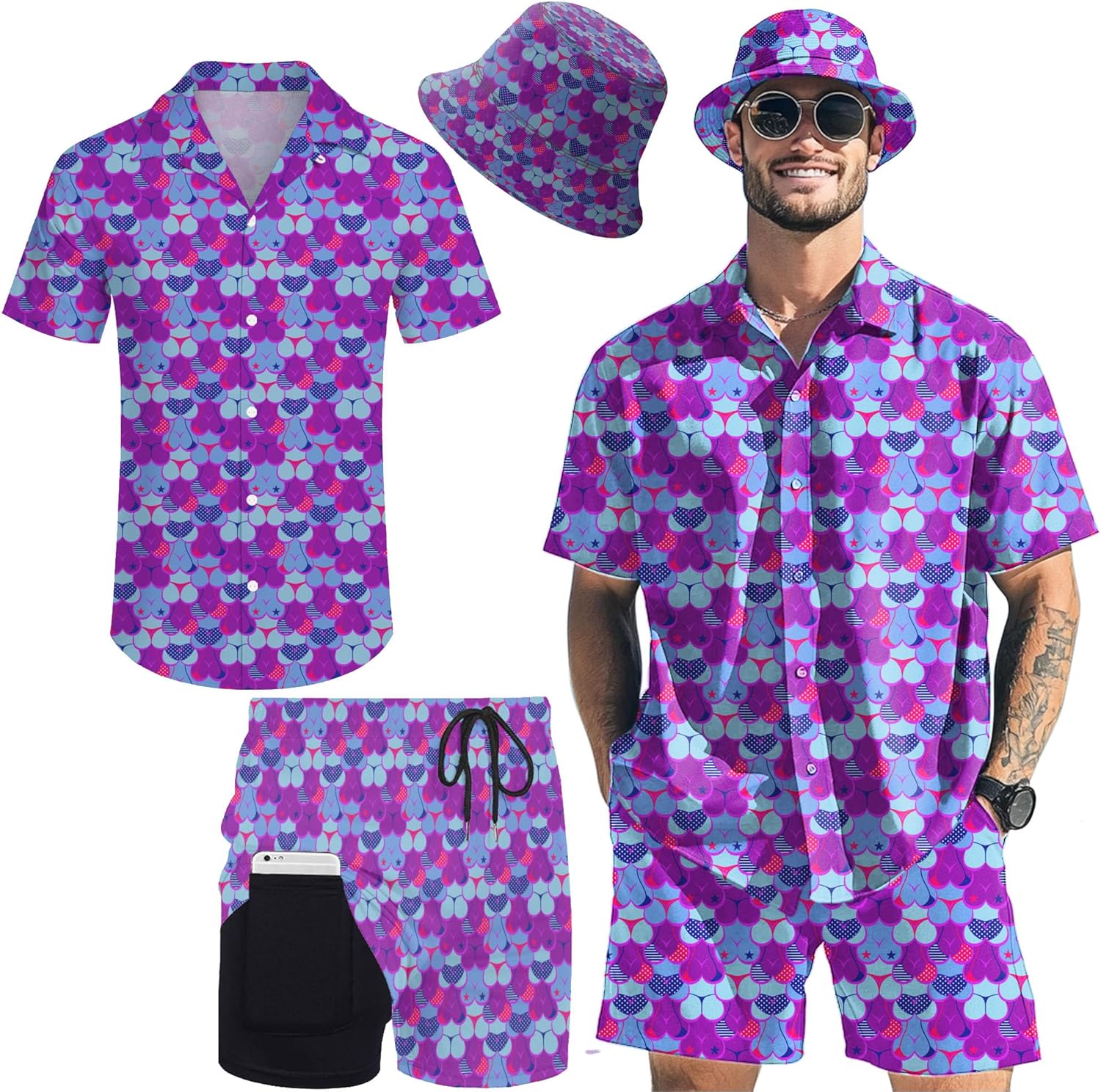 Men's 2 piece 80s 90s rave outfits for Men Hawaiian Shirts with a Bucket Hat