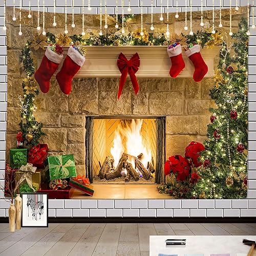 Miniatura 4 de Telón de fondo de tapiz de Navidad, árbol de Navidad, chimenea, chimenea, Papá Noel, tapices artísticos para colgar en la pared para sala de estar,