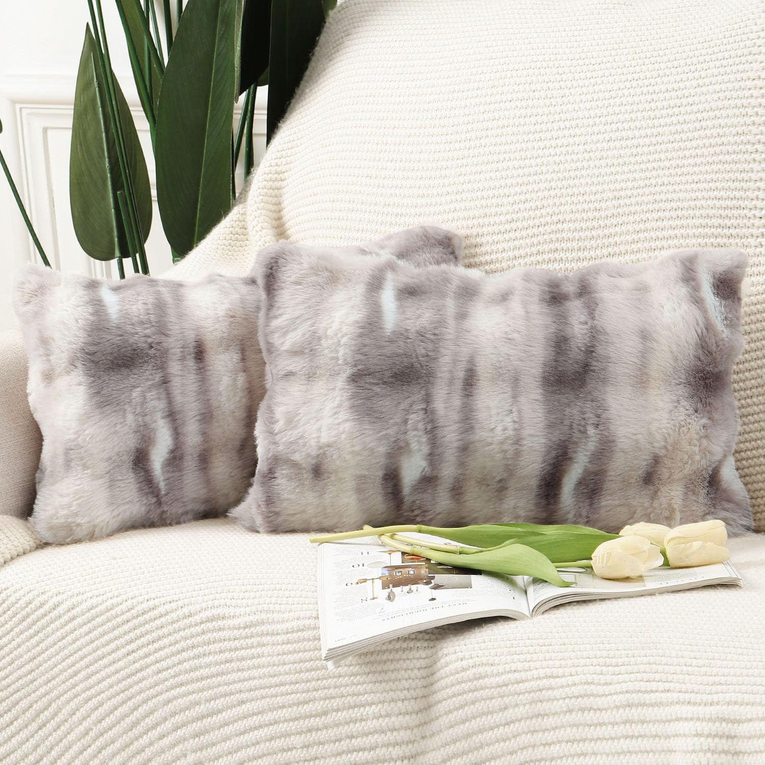 Madizz Pack of 2 Thick Plush Faux Wool Cushion Covers 30x50 cm Grey Taupe Soft Neutral Decorative Throw Pillow Covers Accent Boho Pillowcases for Couch Sofa Bedroom Pillow Shell โ image 1