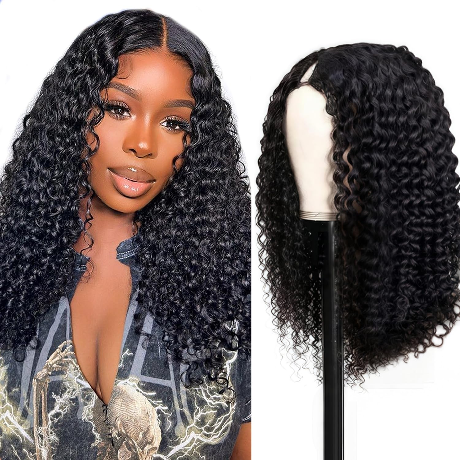 V Part Wig Human Hair 180 Density Kinky Curly U Part Human Hair Wigs for Black Women No Leave Out Glueless Wig Natural Color 22 inch