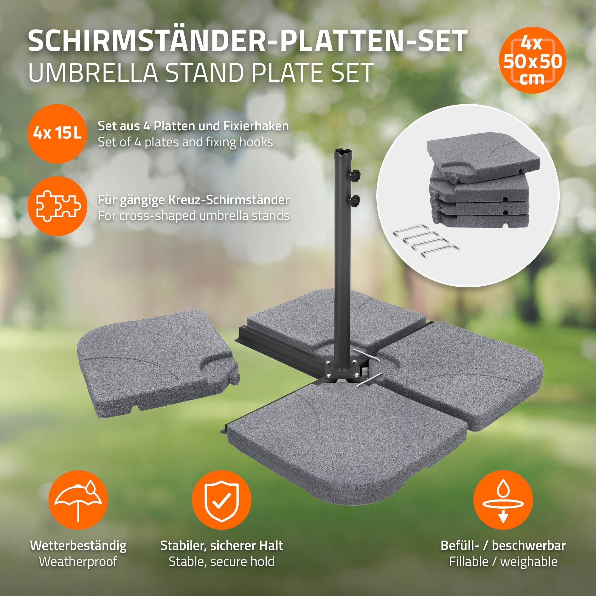 ML-Design 4-czesciowa podstawa parasola ogrodowego zestaw obciazników 60L / 80 kg do podstawy krzyzowej wypelnienie woda lub piaskiem wyglad kamienia odporna na warunki atmosferyczne metalowe laczniki