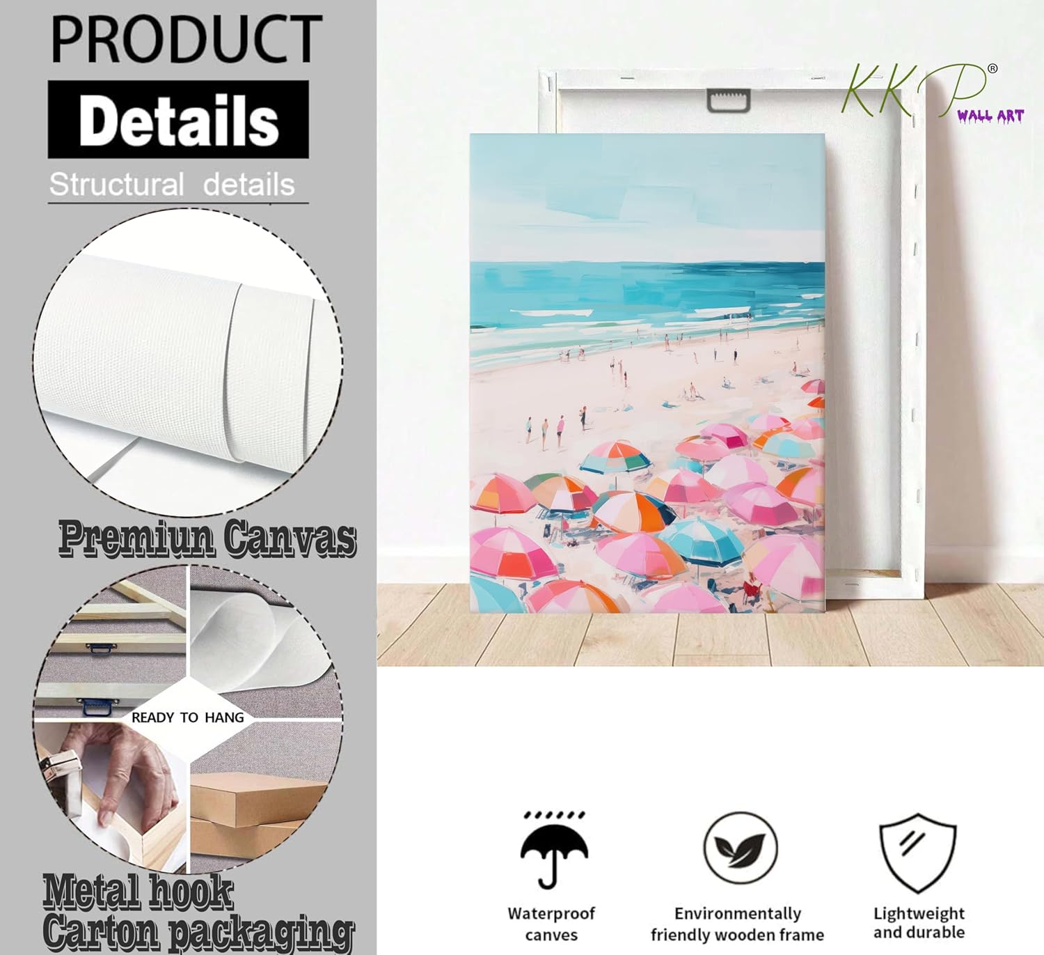 KKP Pink Coastal Canvas Wall Art Beach Preppy Room Decor Colorful Beach Umbrella Palm Tree Picture Wall Decor Disco Shell Beachy Quotes Poster Print Artwork for Teen Girls Dorm Wrapped Canvas 12x16in