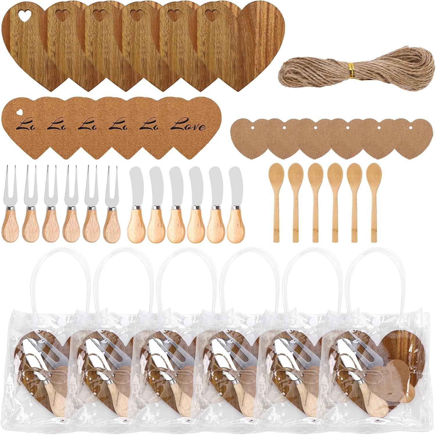 6 Set Heart Shaped Charcuterie Board Wood Bridal Shower Prizes for Game Winners Heart Charcuterie Board Bulk Mini Cheese Board Set with Cheese Knives Fork Set for Baby Shower Prize Wedding (Acacia)