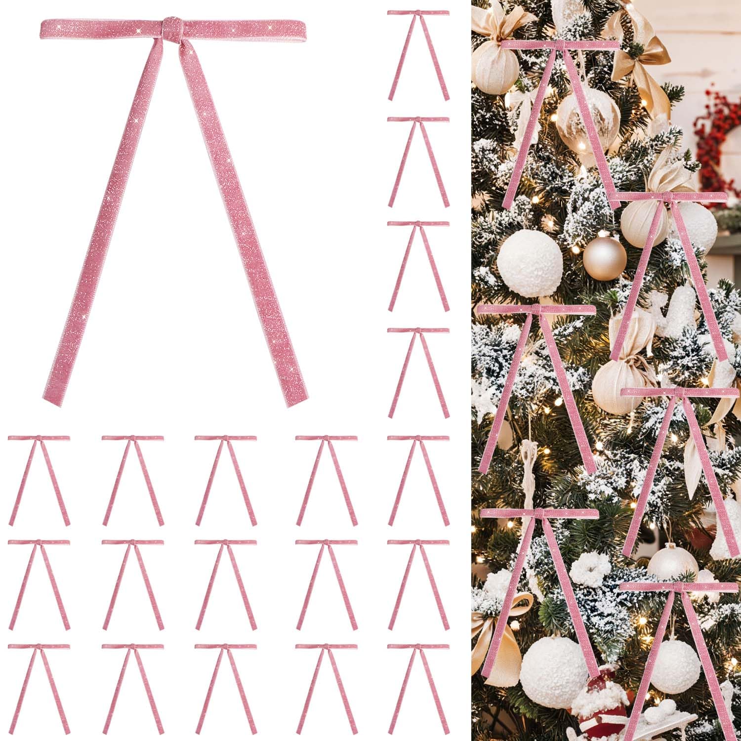 24 PCS Velvet Bows Christmas Ornaments Decorations, Sparkly Glittery Pink Velvet Bows Ornaments for Christmas Tree, Unique Elegant Xmas Home Holiday Decor for Tree Mantle Wreath Gift Wrap