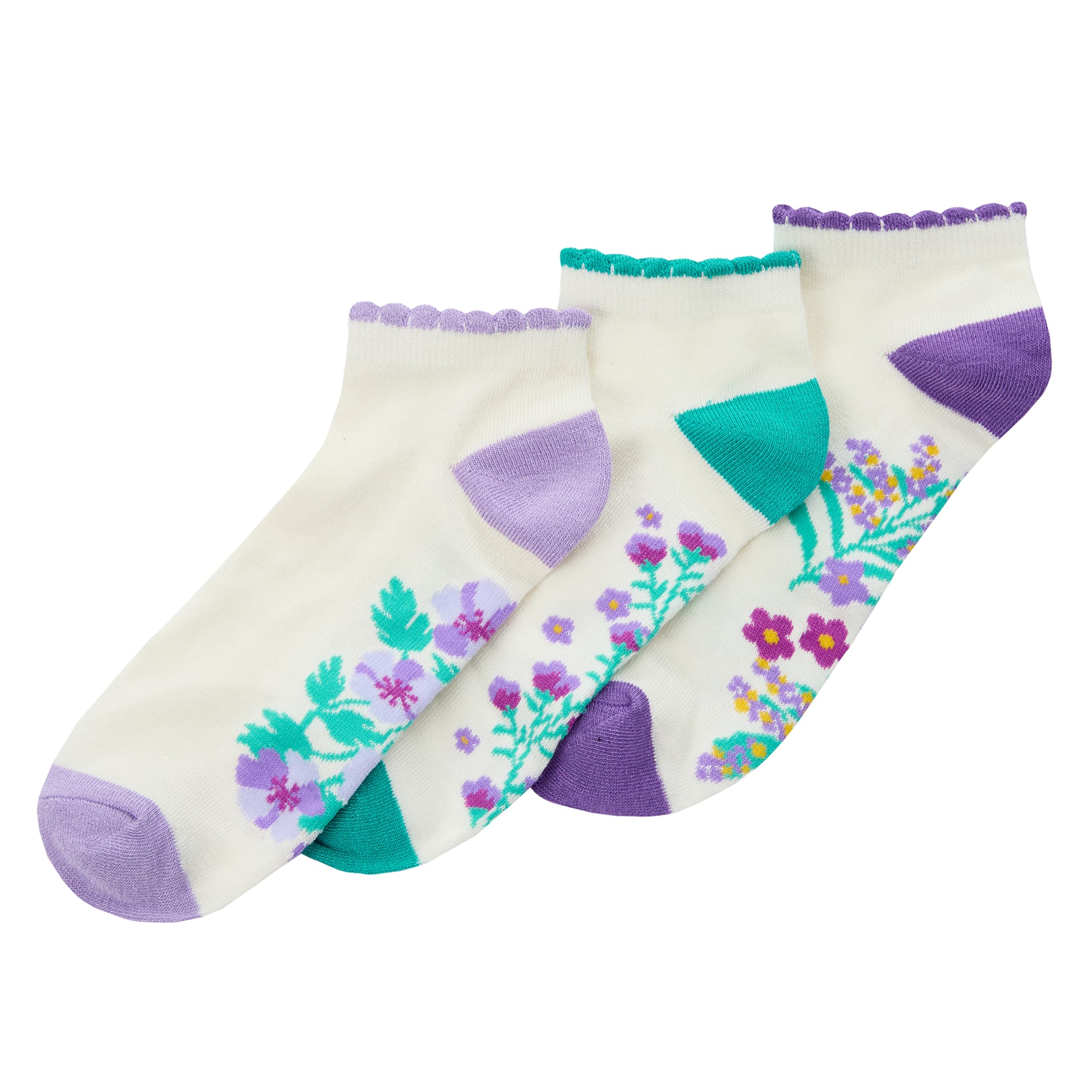 Metzuyan WS-SS24 Ladies Bamboo Trainer Liner Socks Floral Pattern Scalloped Edge Ankle Socks Cream UK 4-8