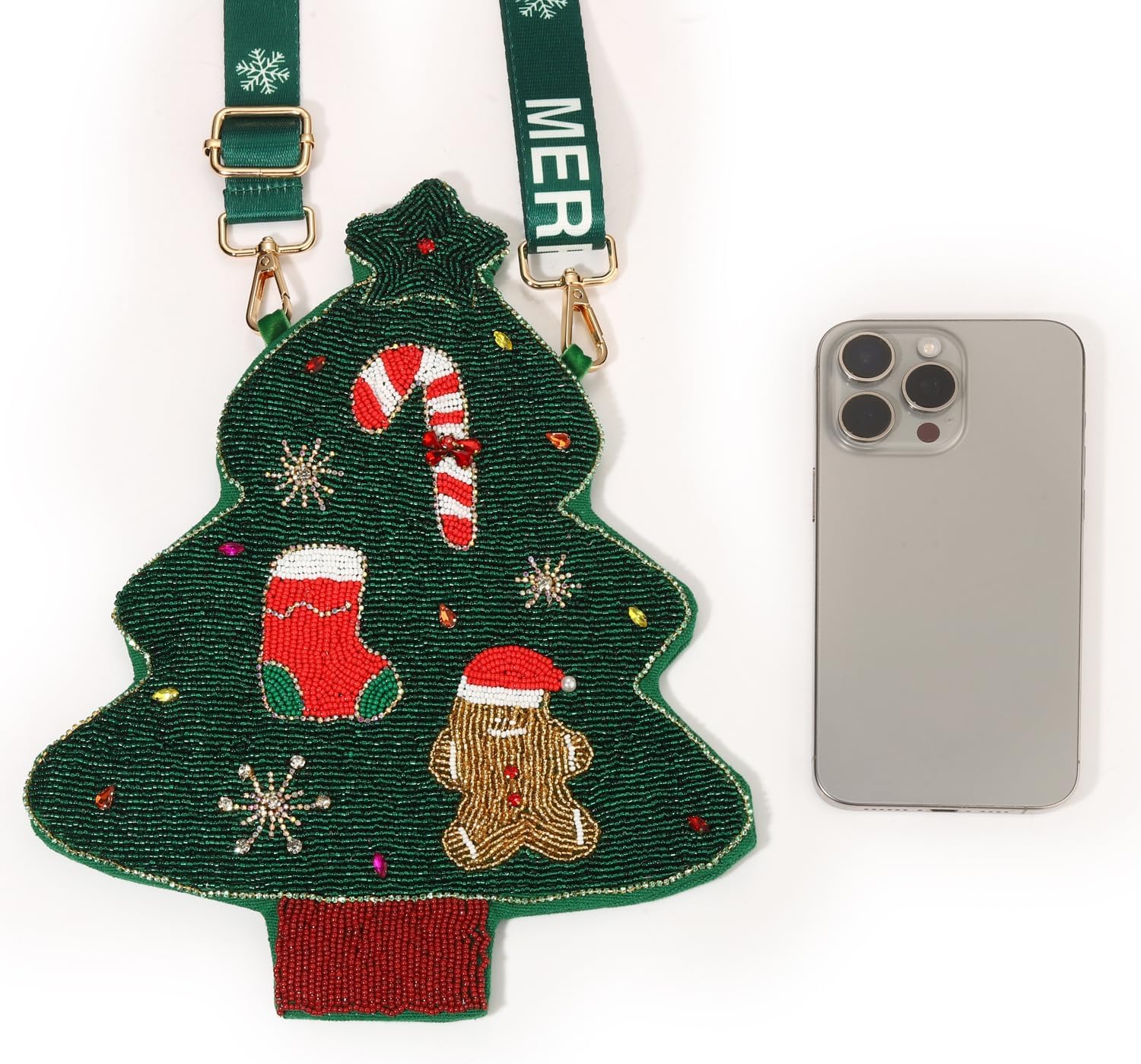 Christmas Purse for Women Beaded Xmas Tree Reindeer Snowflake Bell Crossbody Shoulder Bag Christmas Accessories