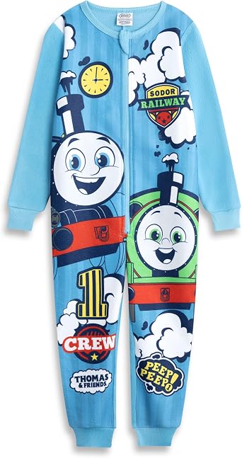 Thomas & Friends Boys Light Blue Zip-Up Onesie | Long Sleeve Sleepwear with Thomas the Tank Engine & Percy Merch