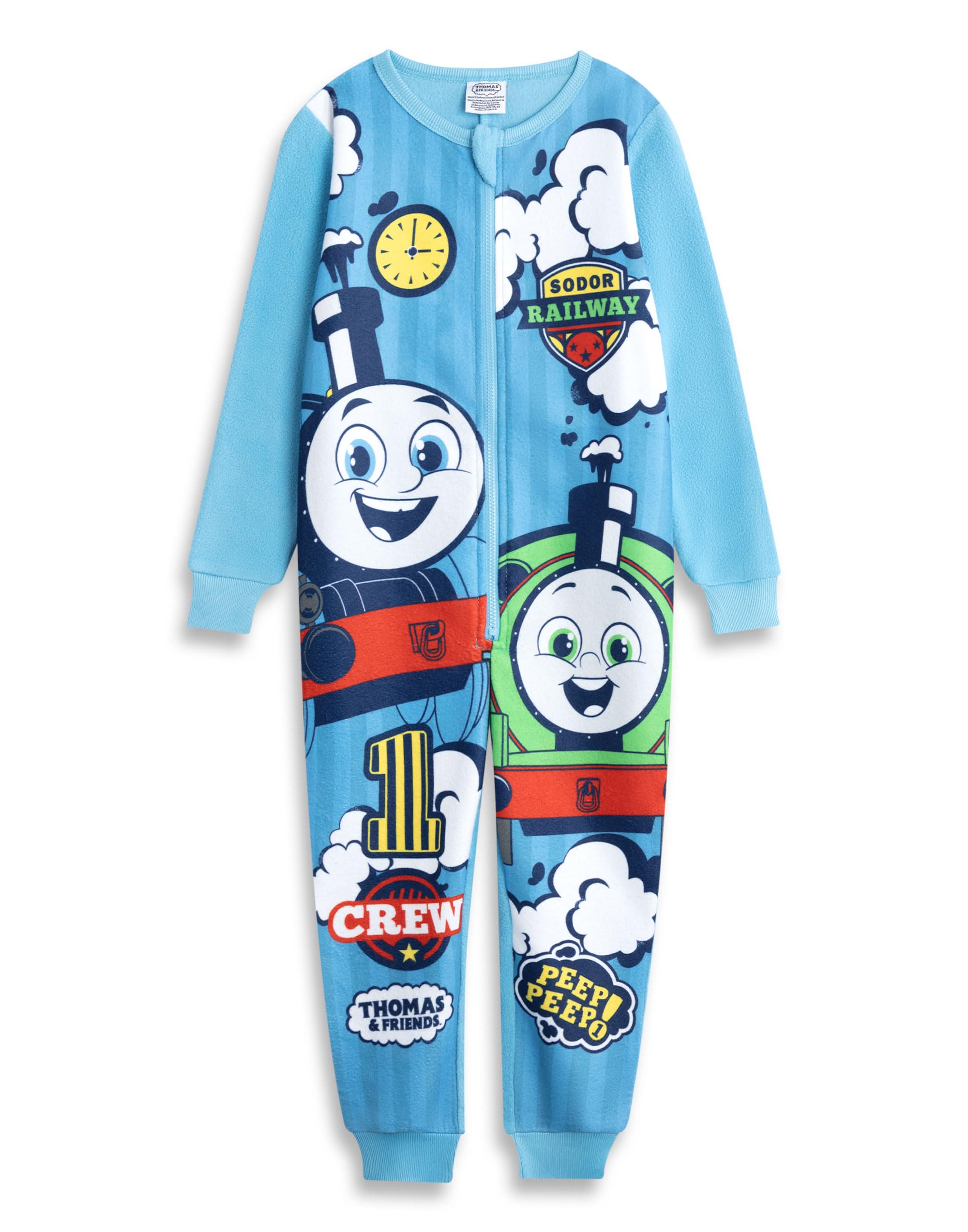 THOMAS & FRIENDS Boys Light Blue Zip-Up Onesie | Long Sleeve Sleepwear with Thomas the Tank Engine & Percy Merch - 4-5 Years
