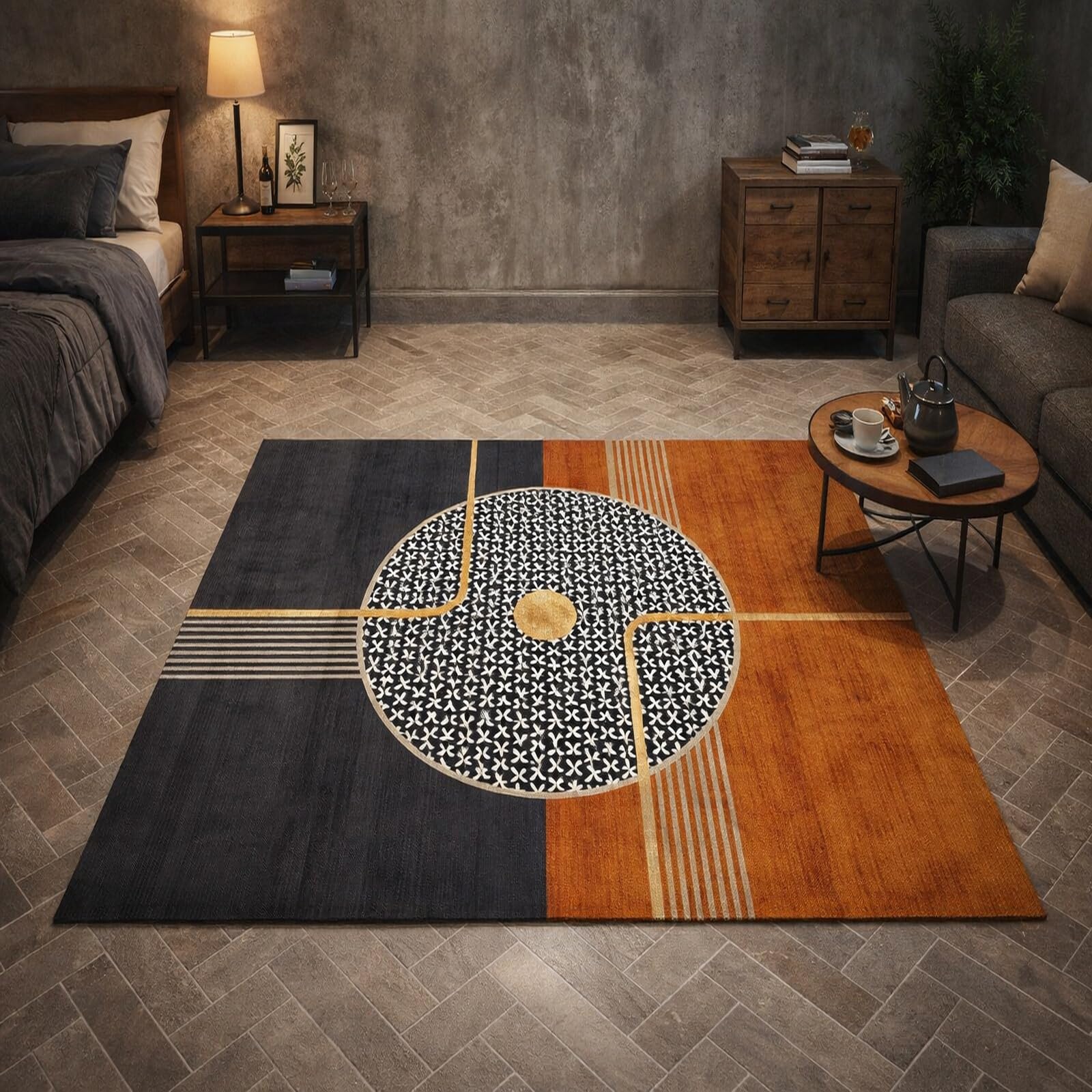 Tapis de salon haut de gamme à géométrie abstraite noire moderne et lavable 120x180