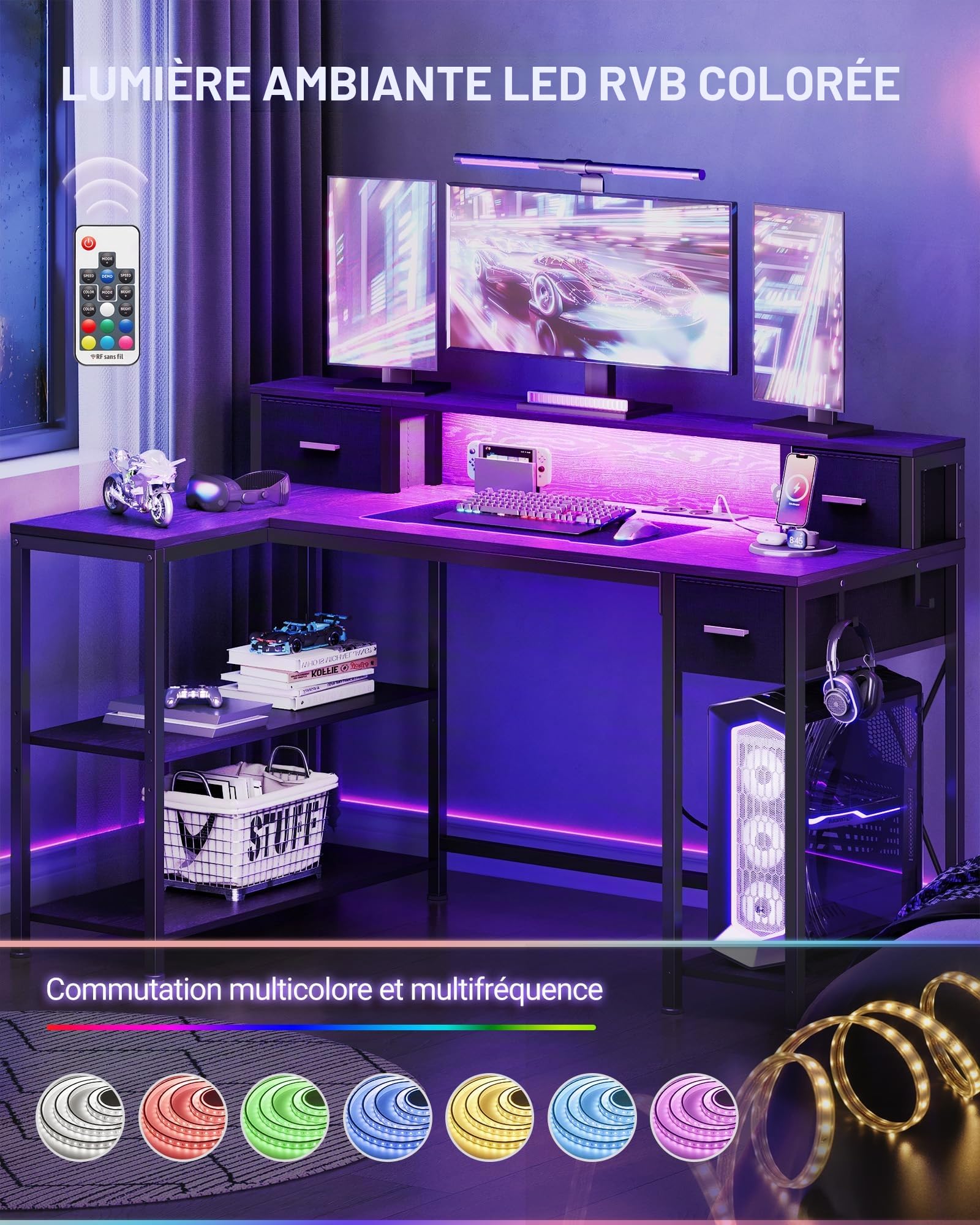 Hzuaneri Bureau Gaming L-LED 132x80cm Noir