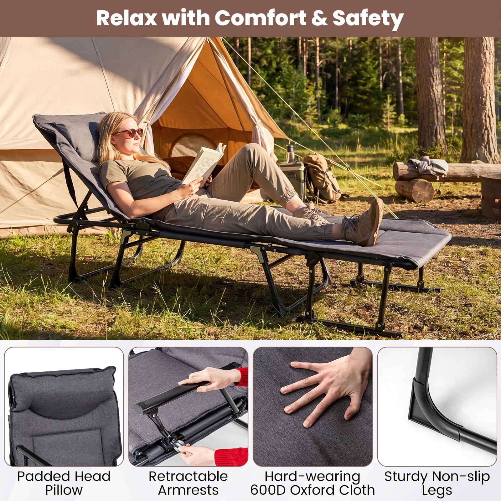 KOMFOTTEU 3-in-1 Campingbett, zusammenklappbar, Einzelbett, Liegesessel mit 6-fach verstellbarer Rückenlehne, Kopfstütze und Kissen, gepolsterte Sonnenliege für den Garten