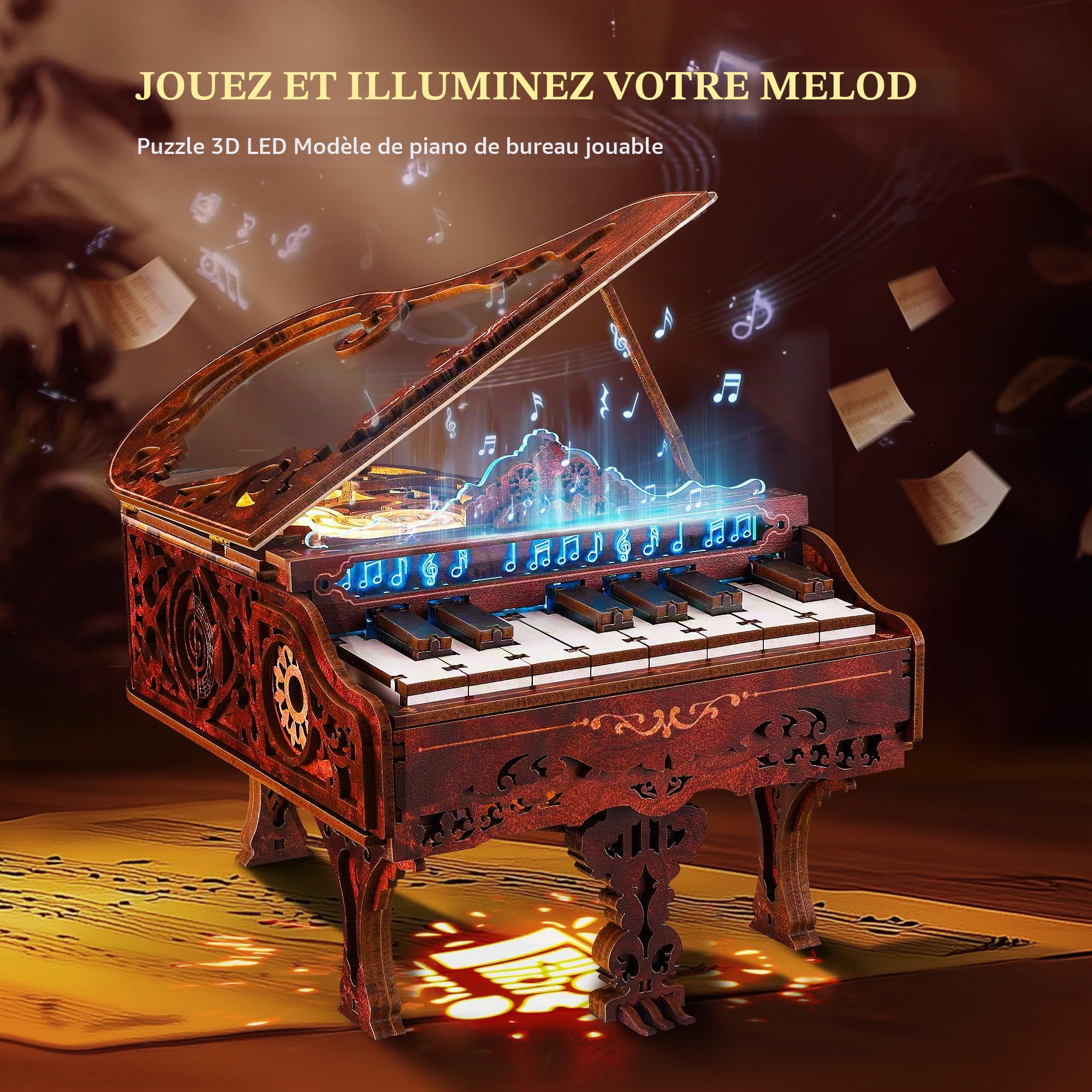 FUNPOLA Kit de Piano Puzzle en Bois 3D avec LED, Modèle de Clavier Jouable avec Lumières LED, Kit de Bricolage Interactif & Puzzle de Piano Numérique pour Adultes（14+）