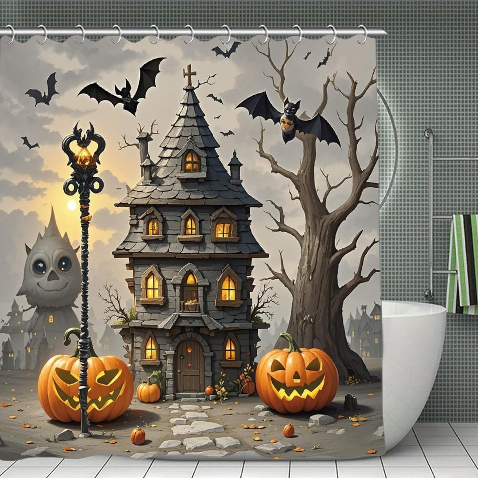 FekiLoot Pumpkin Haunted House Shower Curtain with Hooks Modern Farmhouse Bathroom Curtain Waterproof Cloth Bath Curtains Cute Washable Blackout Privacy Curtains for Bathroom Bathtub 70.8"x70.8"
