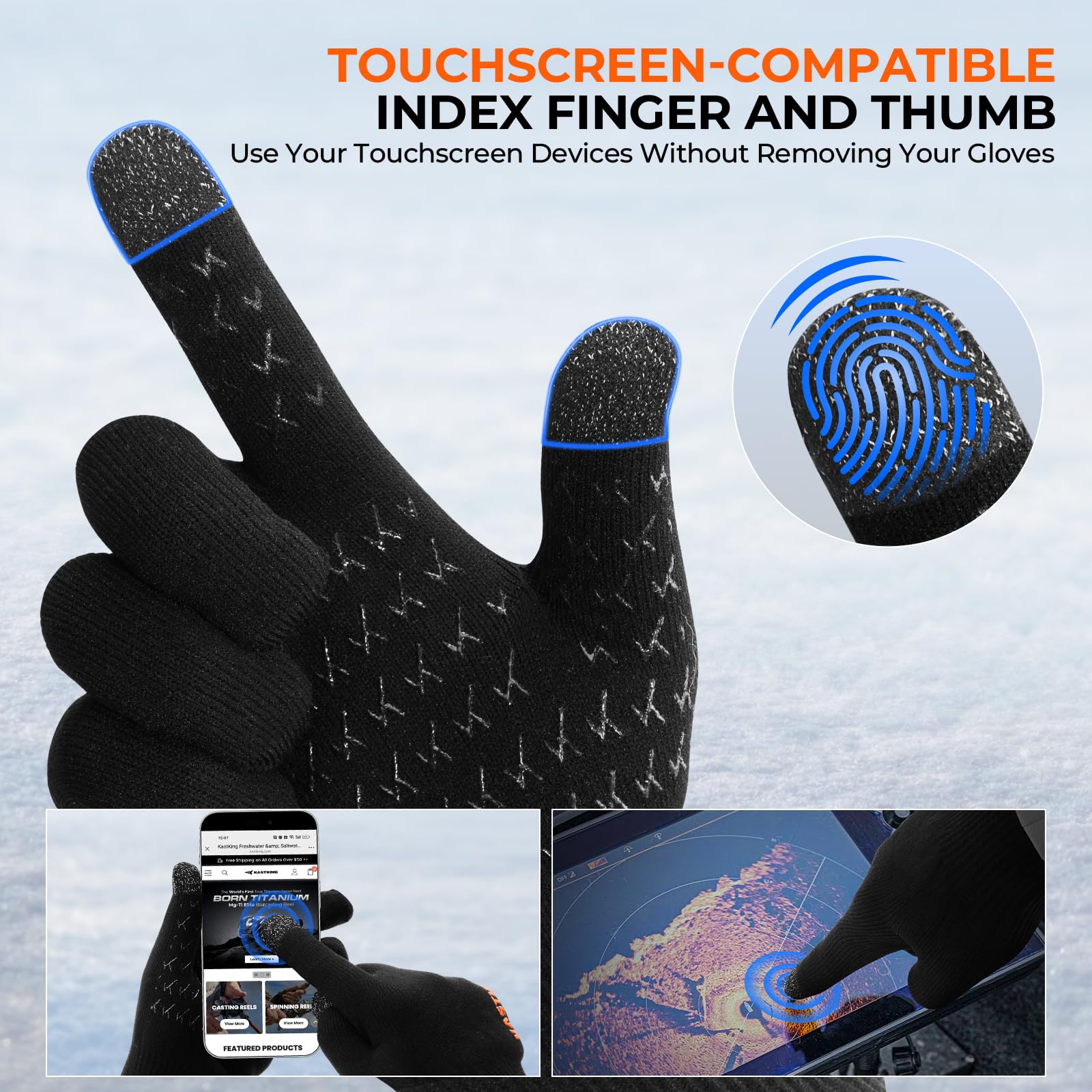KastKing HydroFlex Waterproof Fishing Gloves, Touchscreen Compatible, Non-Slip Palm, 4-Way Stretch, Extended Cuff for Winter & Ice Fishing, Kayak, Boating, Unisex