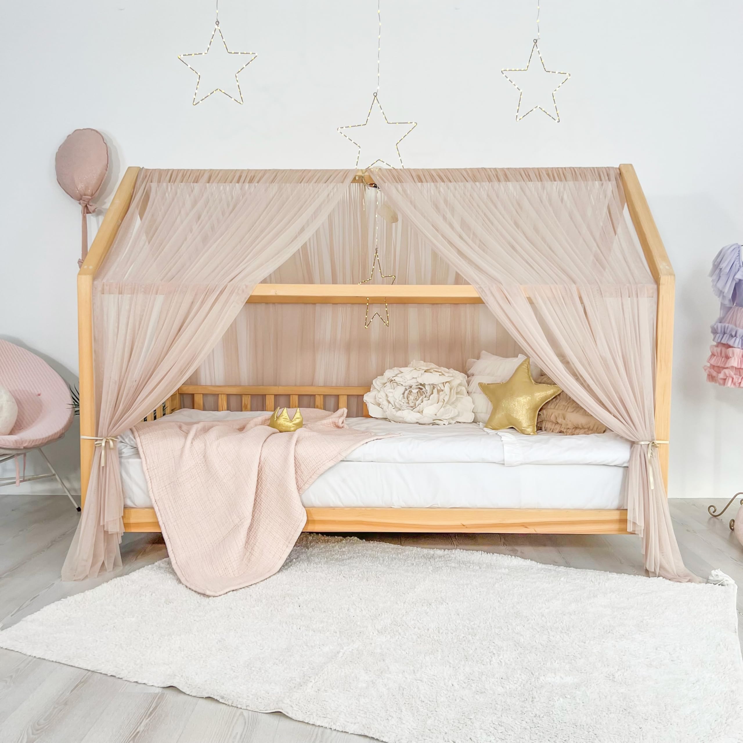 Toldo de cama estilo princesa para niñas, decoración de habitación de niños para camas Montessori, regalo de tul suave para niños pequeños (piedra rosa, 380 cm, juego de 2)
