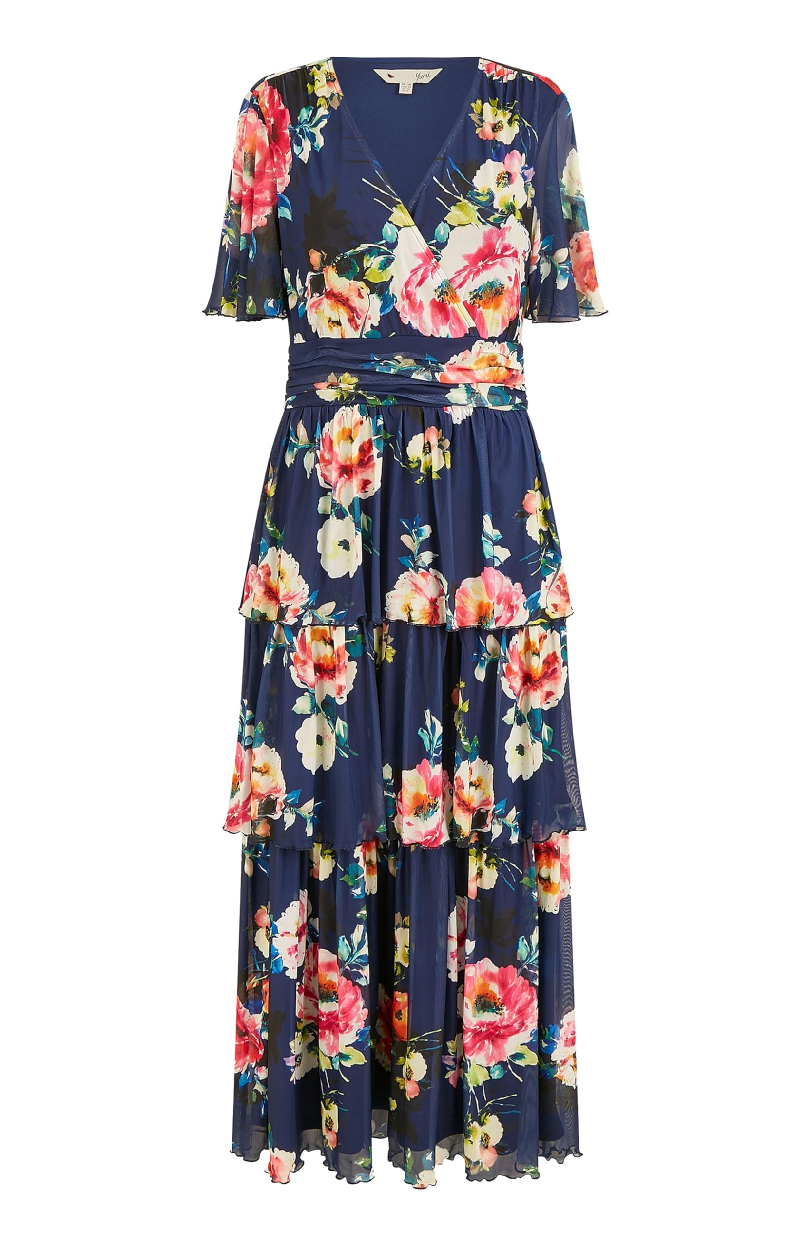 Yumi Navy Floral Mesh Tiered Maxi Dress (UK, Numeric, 14, Regular, Regular, Navy)