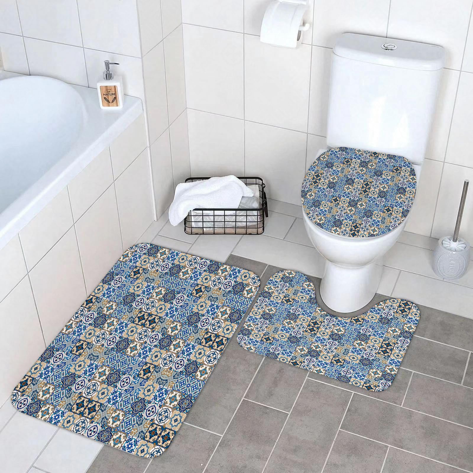 Set di 3 tappetini da Bagno, Lavabili in Lavatrice e Antiscivolo, in Morbida Fibra Superfine, con Motivi Tradizionali portoghesi di azulejo.