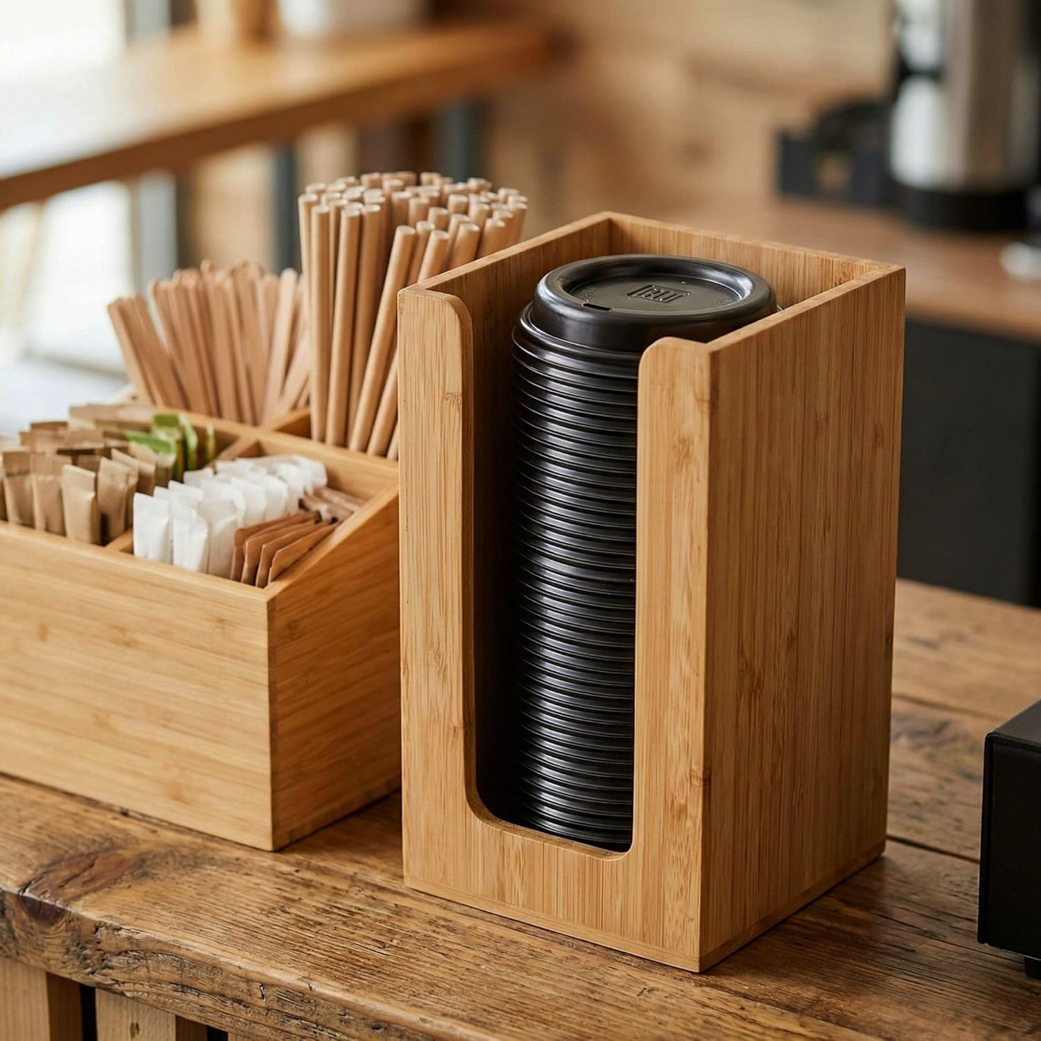 Restaurantware-4.5 x 8 Inch Coffee Cup Dispenser, 1 Countertop Cup Lid Organizer - Holds Cups/Lids/Napkins Up To 3.75 Inch in Diameter, Compact, Bamboo Cocktail Napkin Holder, For Bars or Offices,