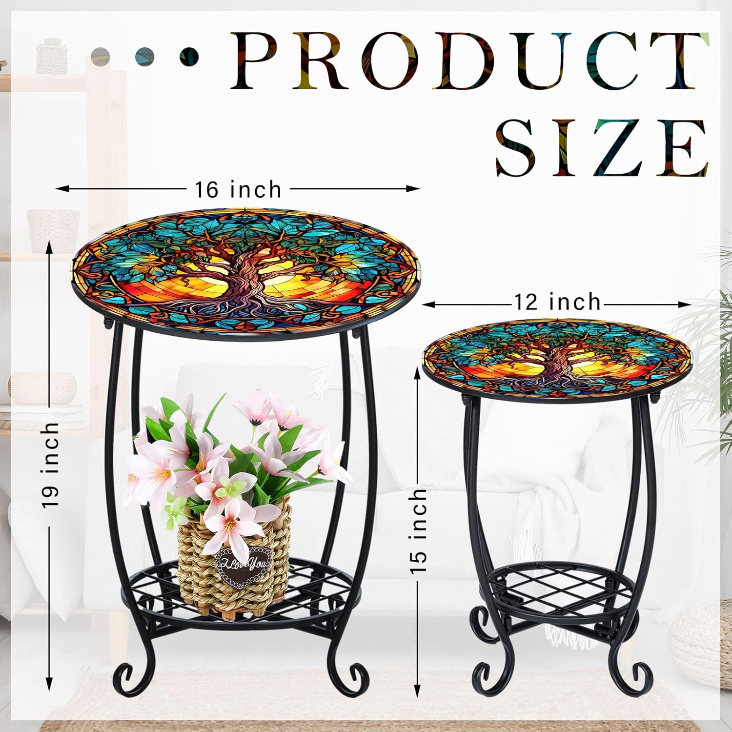 Cinnvoice 2 Pcs Outdoor Side Table Small Patio Round Mosaic Accent End Table Indoor Plant Metal Coffee Tea Tables for Patio Yard Porch Garden Living Room(12" and 16",Tree of Life)