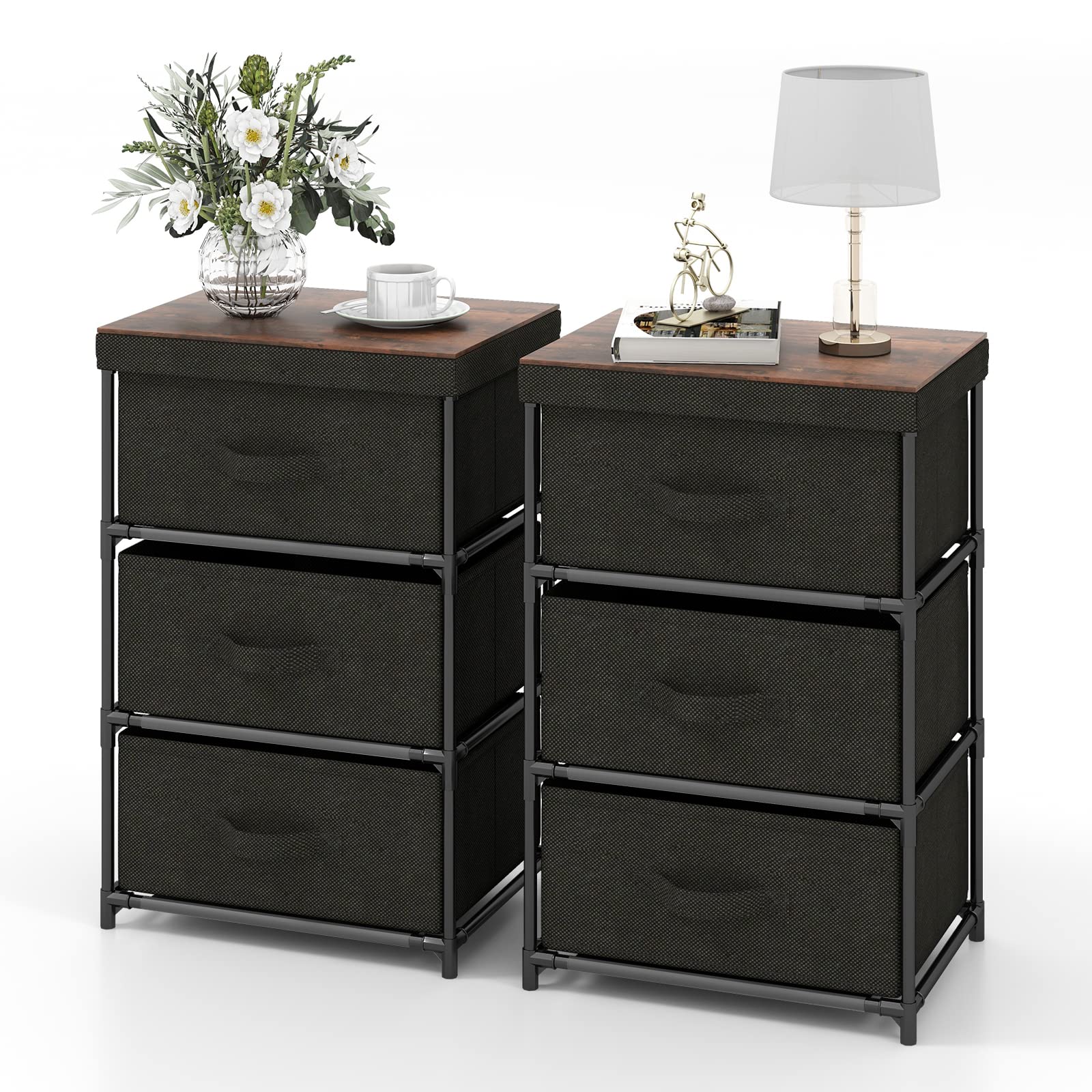 COSTWAY Lot de 2 Commode 3 Tiroirs en Tissu, Commode Chambre Adulte avec Cadre en Métal, Meuble Tiroir Rangement pour Chambre, Industriel (40 x 30 x 62 cm * 2 Pieces,Noir)