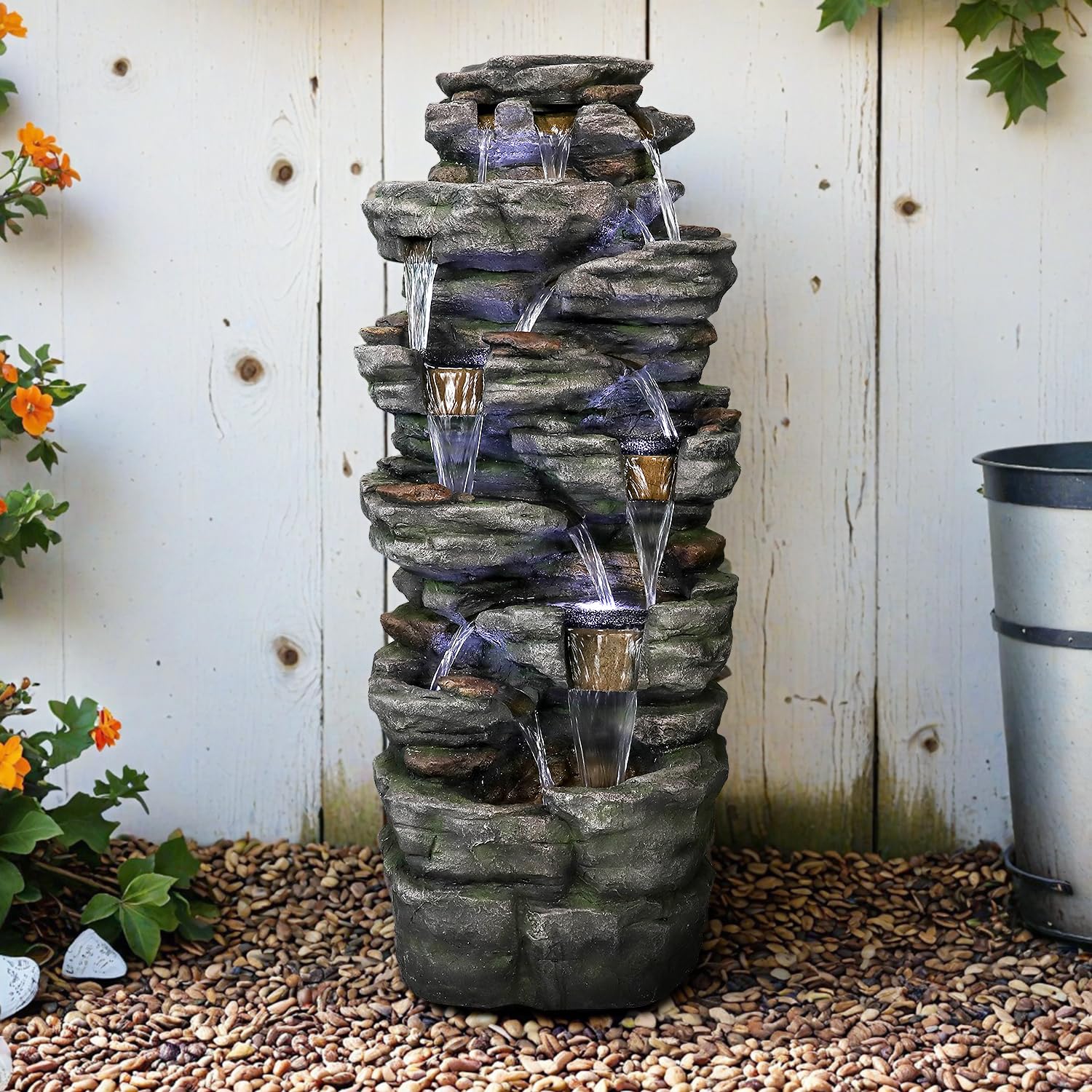 SunJet 47.2" High Multi-Tiers Cascading Rock Outdoor Water Fountain with LED Lights - Large Outdoor Resin Fountains and Waterfalls for Garden or Patio, Yard, Deck Decor, Featuring Natural Stone Look