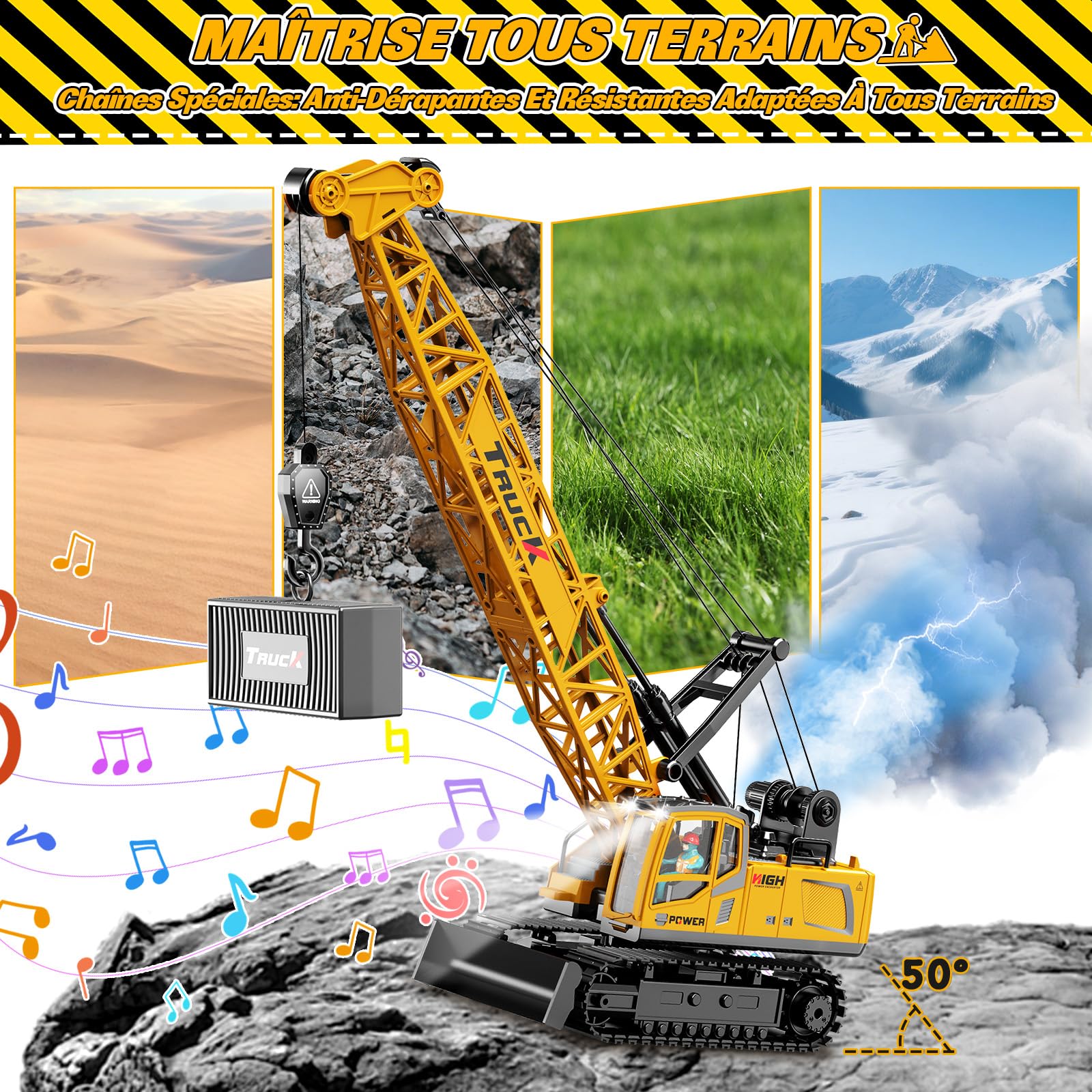 1:16 Grue télécommandée, 13 Canaux Jouet Grue Télécommandée avec Lumières Pulvérisé Sons Réalistes, Grand Engins de Construction Grues Cadeaux pour Enfants 6+ Ans (Jaune)