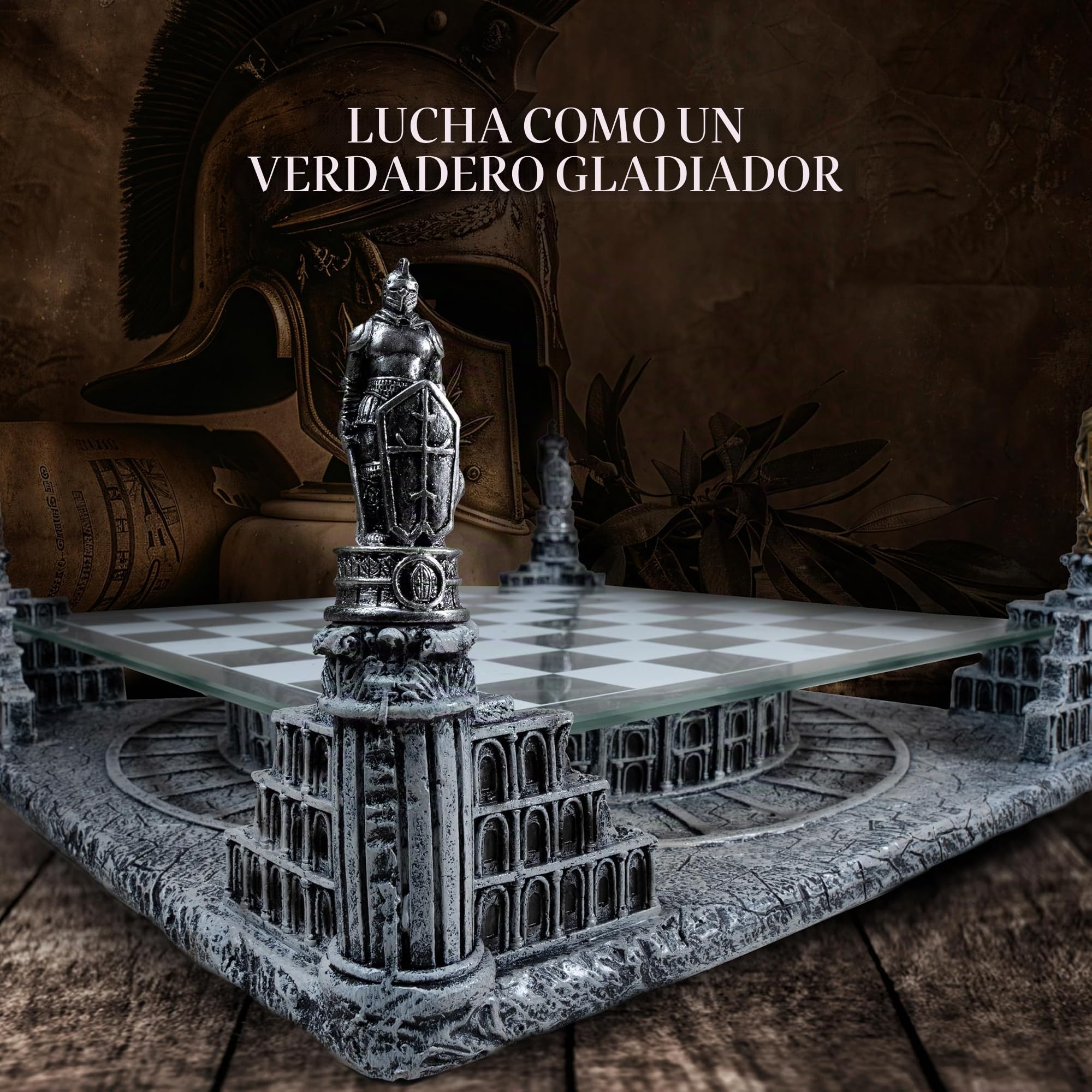 Tablero Ajedrez Profesional Antigua Roma 40x40cm Base de Cerámica | Superficie de Vidrio y Piezas en Resina Oro y Plata - Juego de Mesa Coliseo e Imperio Romano - Idea de Regalo Hombre y Mujer