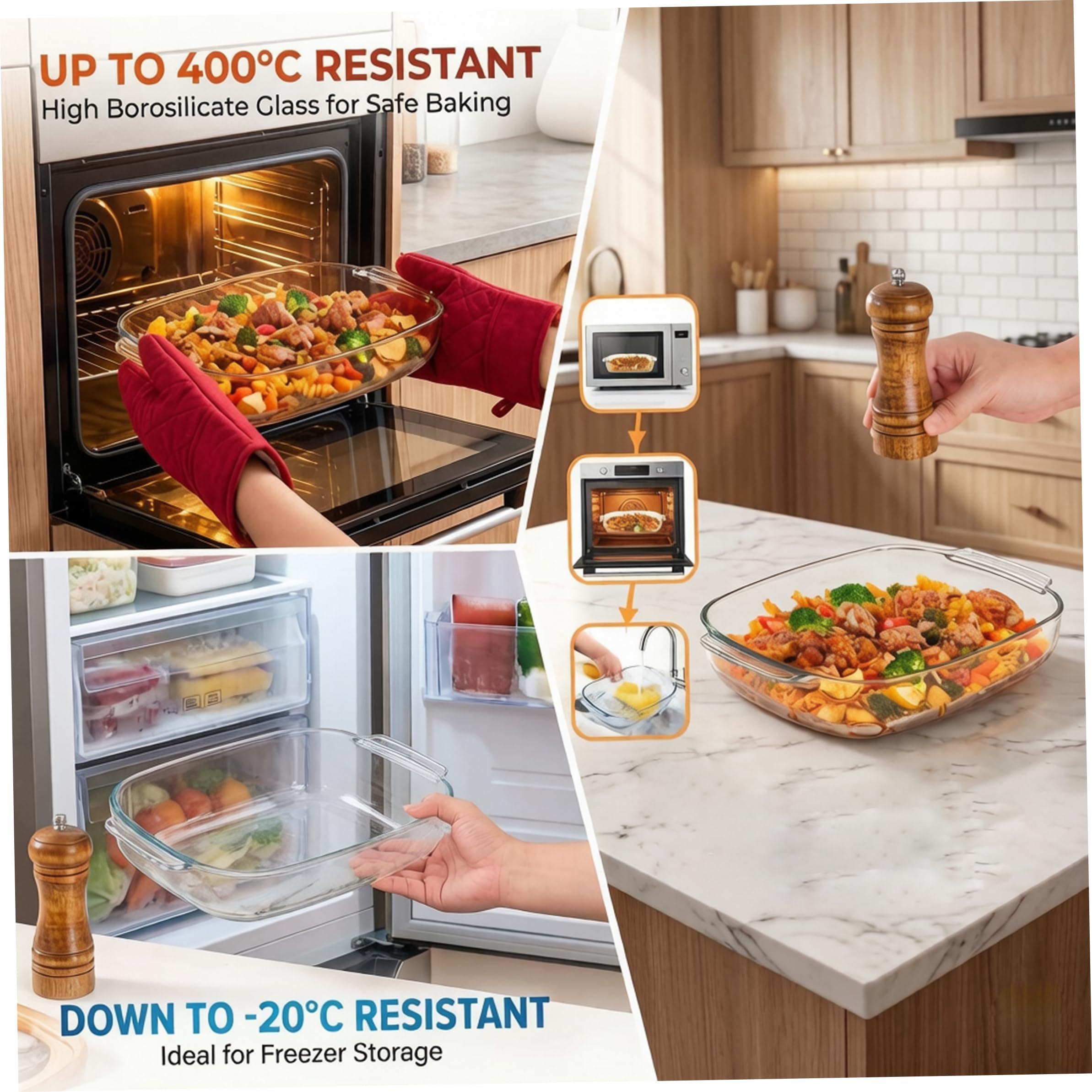 Teglia in vetro Teglia in vetro per forno rettangolare trasparente borosilicato alto da 3, 8 l con manici.