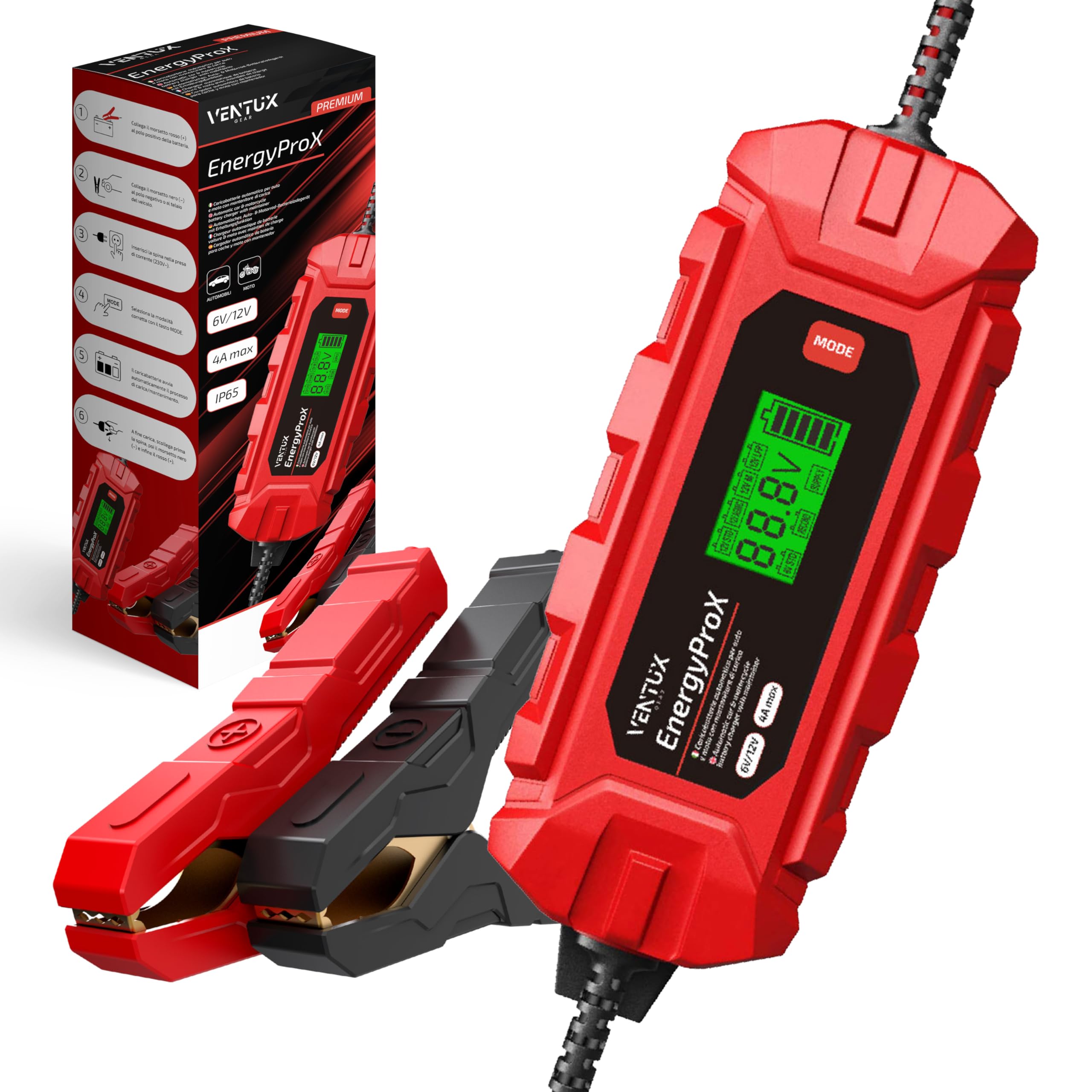Caricabatterie Auto Moto 6V 12V – Mantenitore di Carica Automatico Intelligente 4A | Display LCD | IP65 | Per Batterie AGM GEL Piombo - Acido | Ricarica Sicura per Auto - Moto - Scooter - Quad