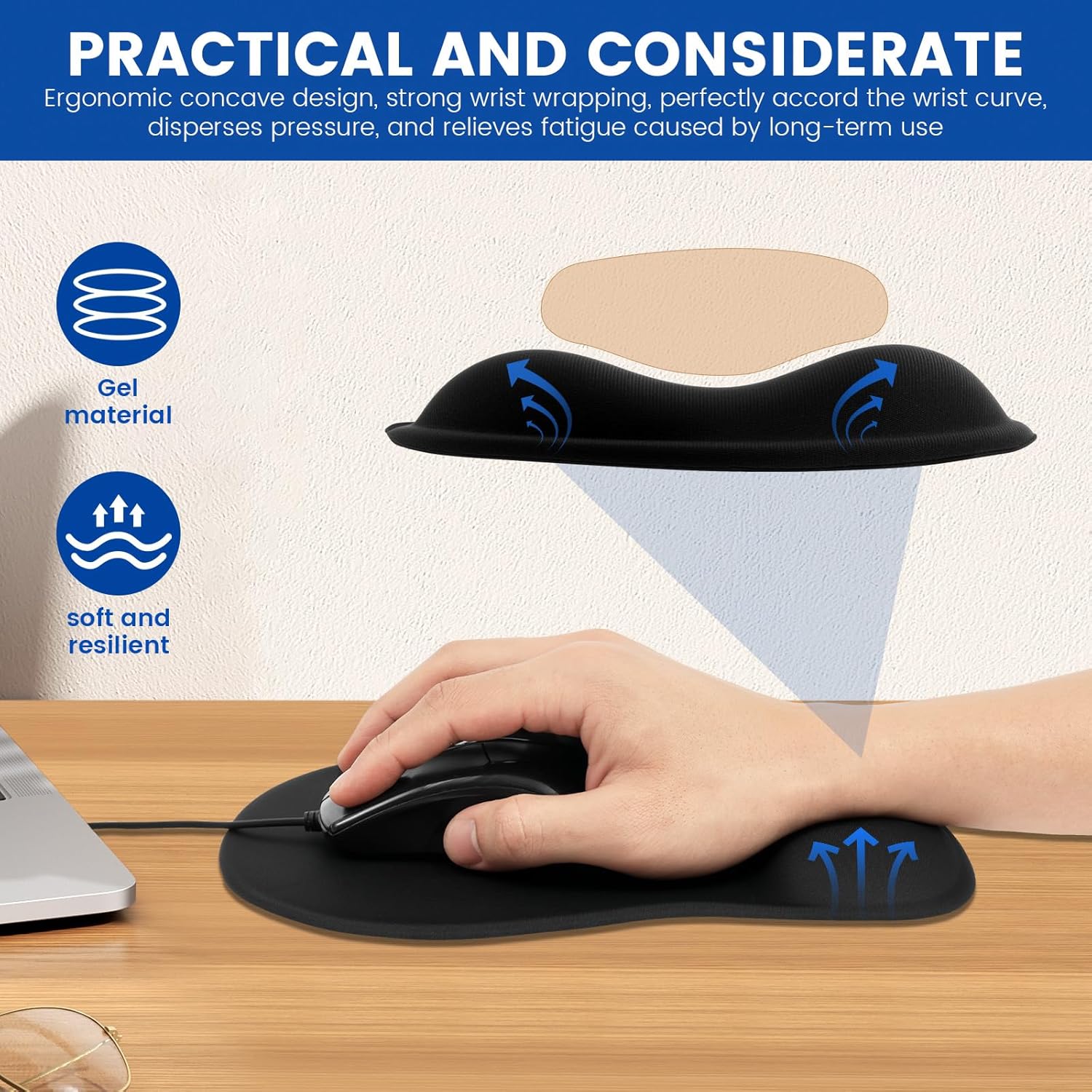 Ergonomic Mouse Pad with Gel Wrist Rest 4 Pack, Smooth Wrist Support Surface, Comfortable Mousepad with Non-Slip Base for Laptop, Computer, Office & Home Desk Accessories.
