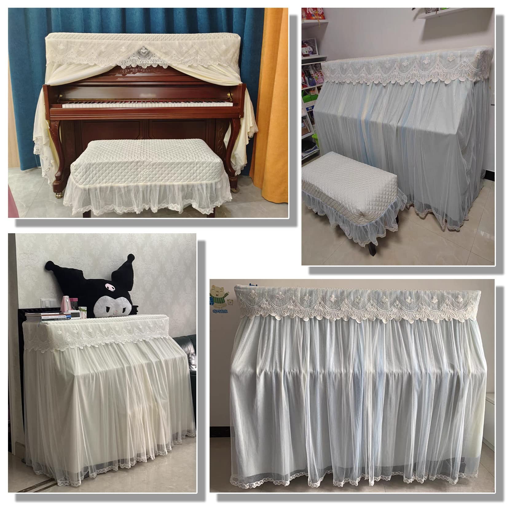 ESOYAWE Copertura di Pianoforte Verticale Coperchio di Protezione per Pianoforti Pianoforte Accessori, Tessuti di Alta qualità Pizzo Ricamo Plissettate Decorazione Copertura Pianoforte