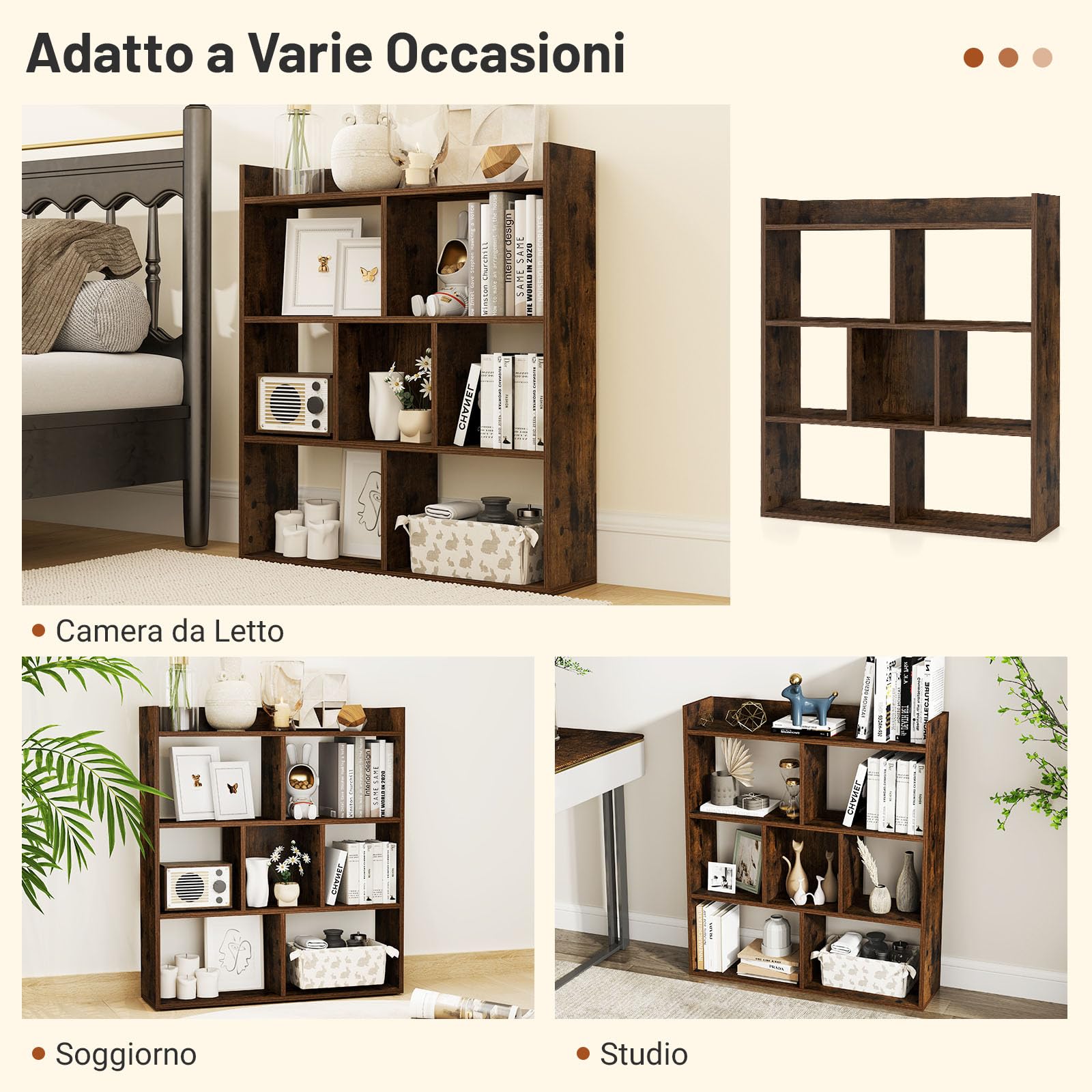 COSTWAY Libreria a Cubi con 7 Scomparti, Mensola Espositiva per l'Archiviazione, Libreria in Legno con Dispositivi Anti-Ribaltamento, per Studio Soggiorno, 80x20x90 cm (Caffè)