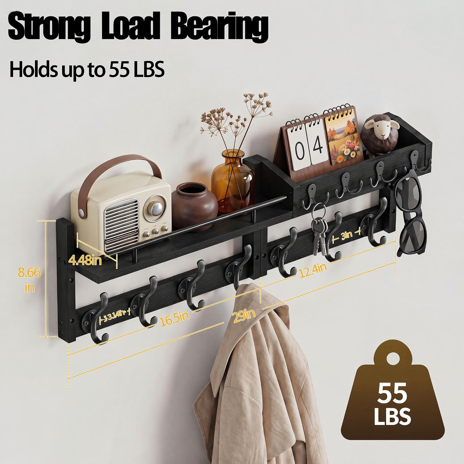 29” Coat Rack Wall Mount with Shelf, Coat and Key Hanger with Metal Hooks