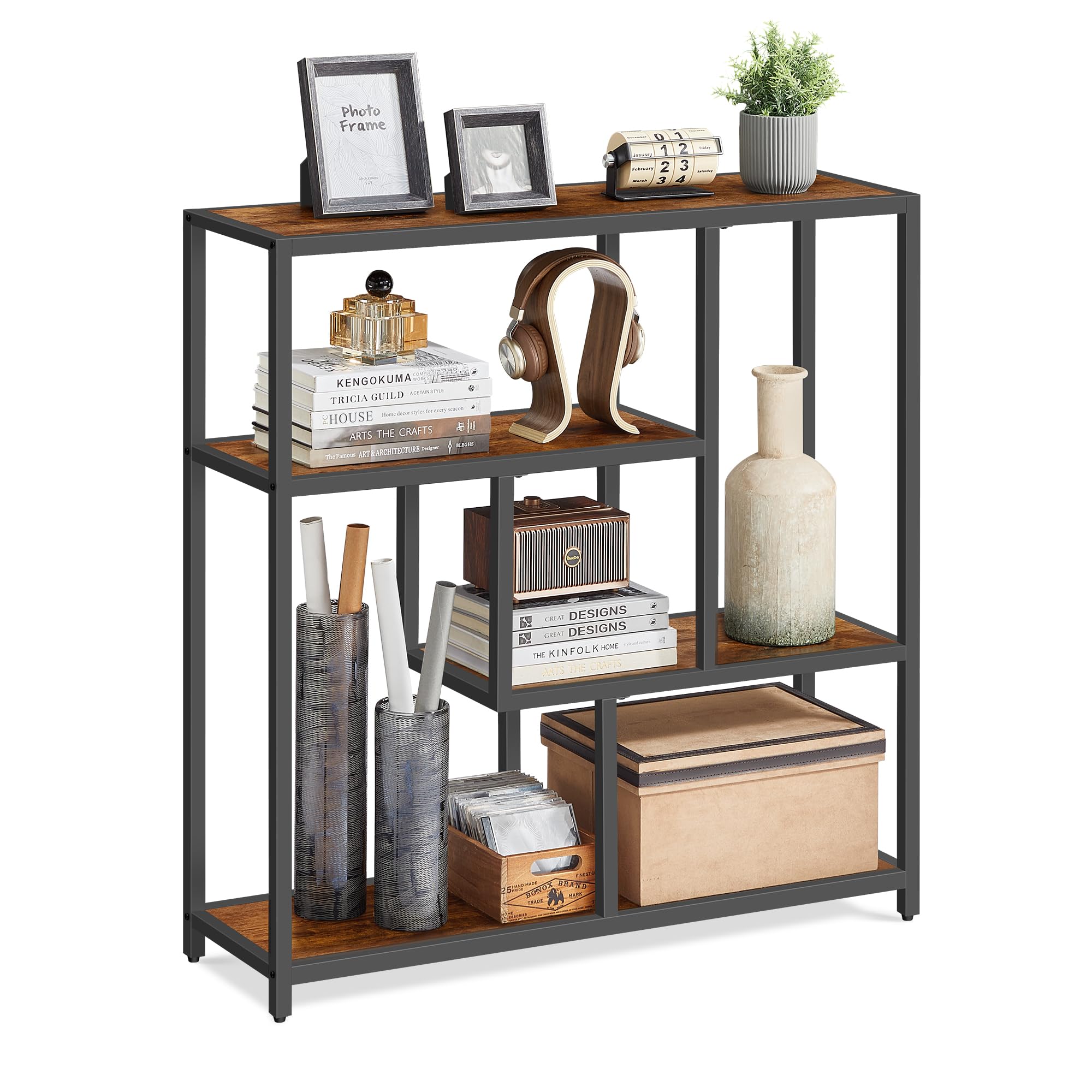 VASAGLE Bücherregal, Regal mit 4 Ablagen, Standregal, 30 x 100 x 103 cm, Aufbewahrungsregal, für Wohnzimmer, Büro, Schlafzimmer, Küche, vintagebraun-tintenschwarz LLS134B01V1