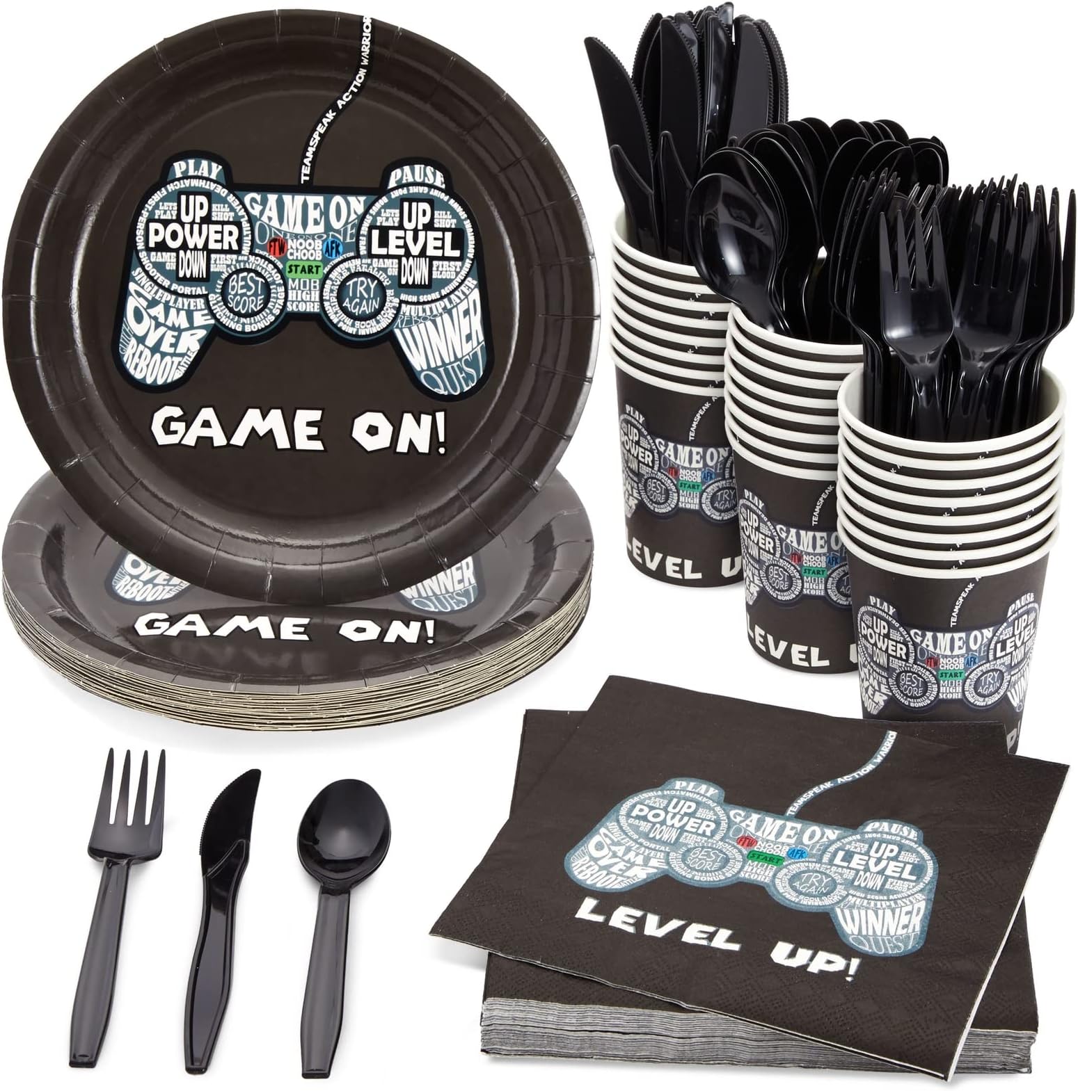 Juvale 144-Piece Video Game Party Supplies Set for Gamer Birthday Party Decorations - Black 9-Inch Plates, 9-Ounce Cups, Napkins & Cutlery - Disposable Tableware for Video Game Birthday Decorations