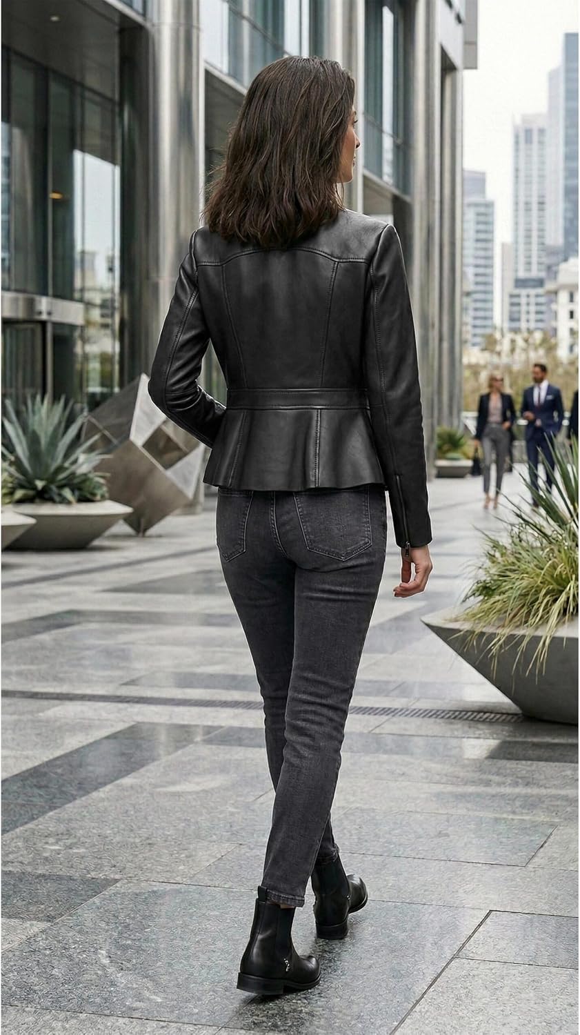 Women's Real Lambskin Peplum Leather Jacket Collarless Style Biker Genuine Leather Jackets for Women