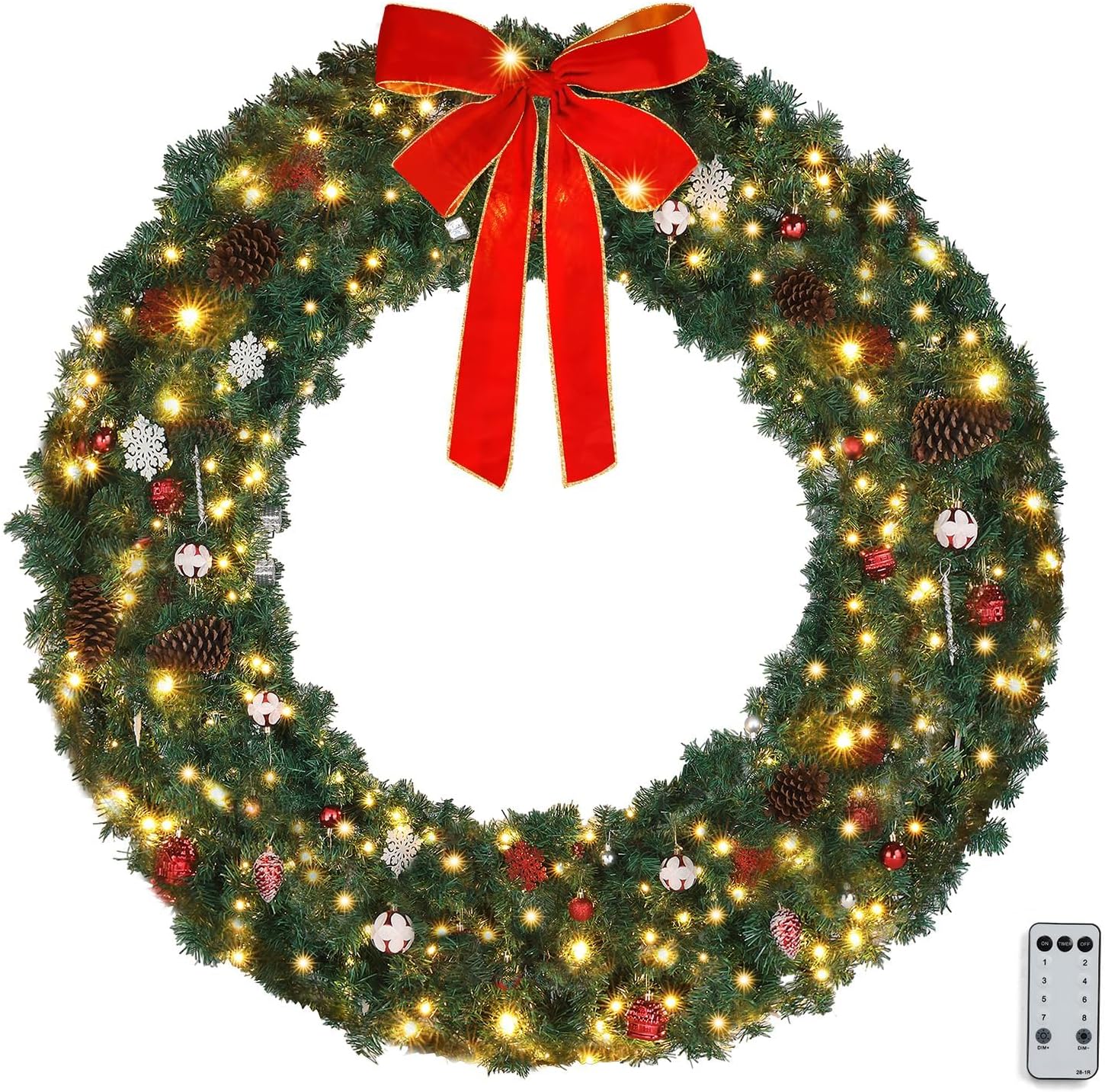 VINGLI 60 Inch Pre-lit Outdoor Christmas Wreath w/220 LED Lights, 600 PVC, Remote Control, Timer, Weather-Resistant for Garage & Front Door Decor