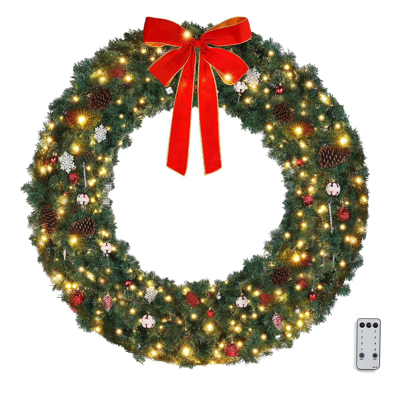 VINGLI 60 Inch Pre-lit Outdoor Christmas Wreath w/220 LED Lights, 600 PVC, Remote Control, Timer, Weather-Resistant for Garage & Front Door Decor