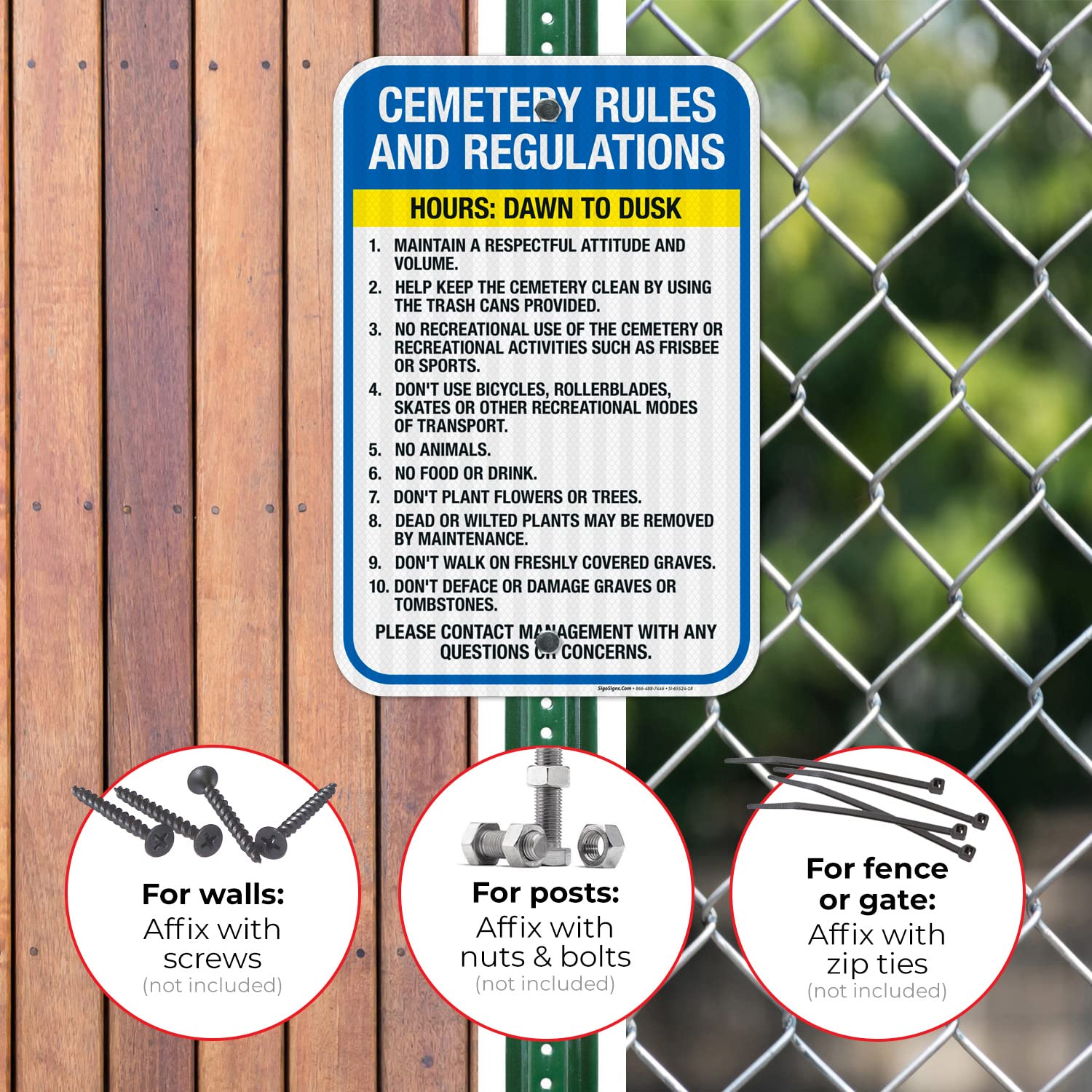 Cemetery Rules and Regulation Hours Dawn to Dusk Contact Management with Questions Sign, 12x18 Inches, 3M EGP Reflective .063 Aluminum, Fade Resistant, Made in USA