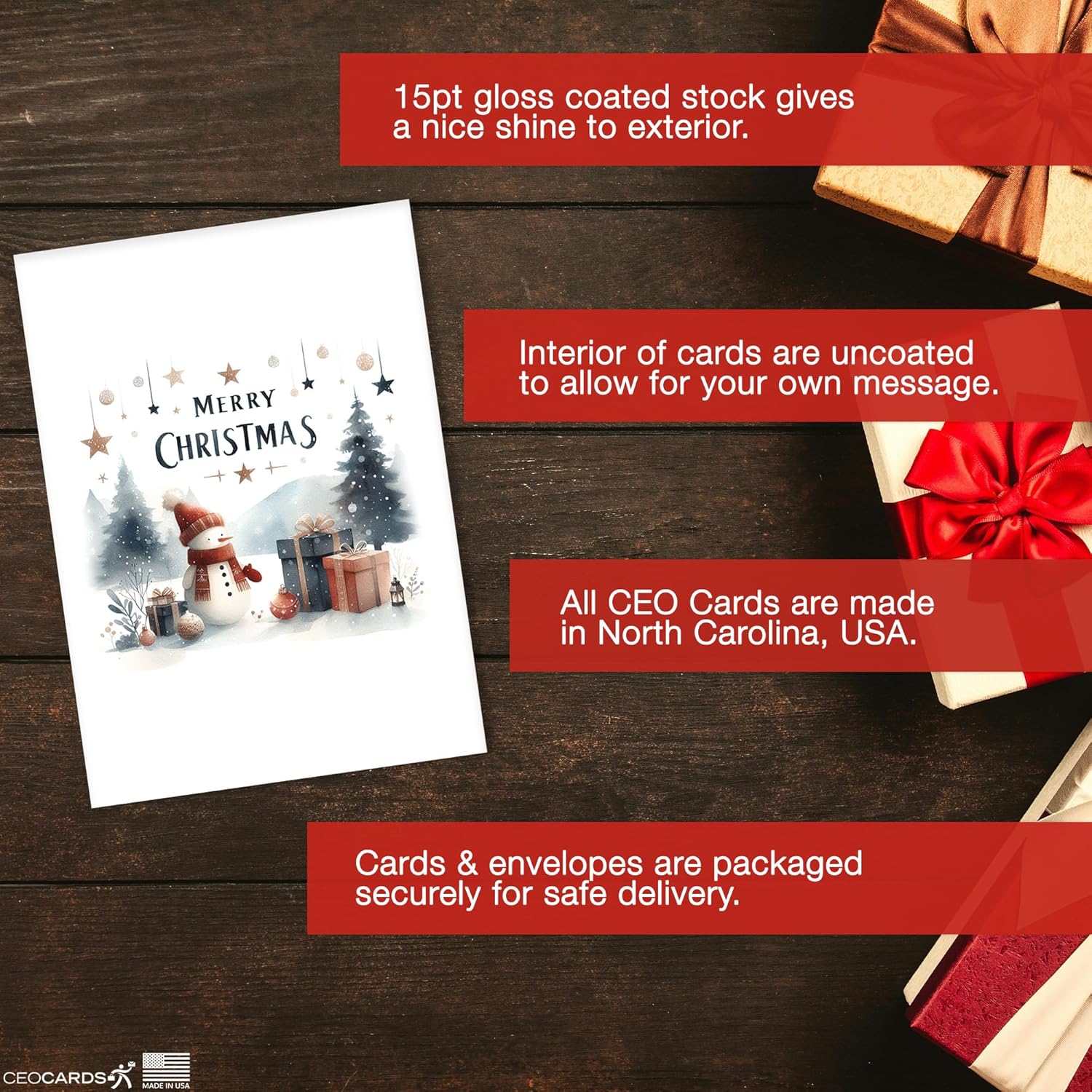 Merry Christmas Cards for Business & Family (Snowy) Bulk Greeting Card Set Pack of 18 Holiday Cards with Envelopes (5x7 inch - A7) Great for Office, Work, Employees & Clients H2410