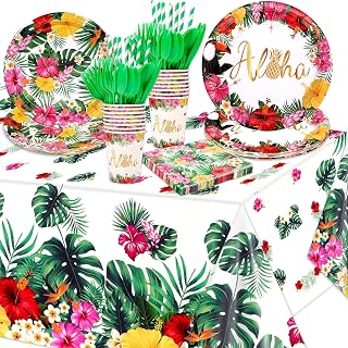 HOWAF 133 PCS Hawaiian Aloha Party Supplies Disposable Dinnerware Set Include Tropical Luau Napkins Plates Cups Tablecloth Knives Forks Spoons, Summer Birthday Party Favors Serves 16 Guests