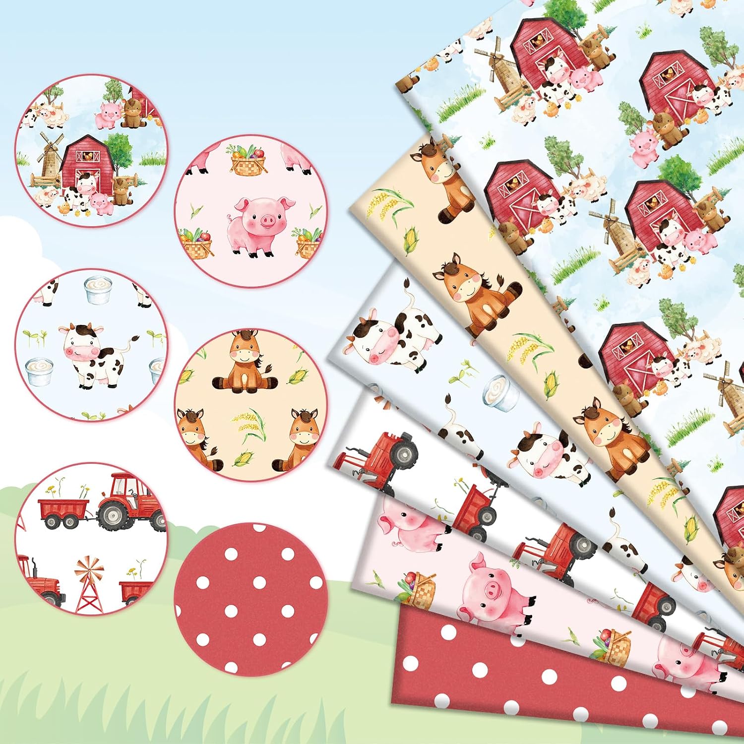 FYSUIMU 6Pcs Farm Animal Cotton Fabric Bundles Cartoon Barnyard Fat Quarters Watercolor Quilting Patchwork for DIY Sewing Craft Decor, 18 x 22 Inch